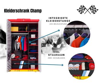 Cilek Kleiderschrank Champ Breite 120 cm, 2 Schubladen, LED-Leisten, modern, rot