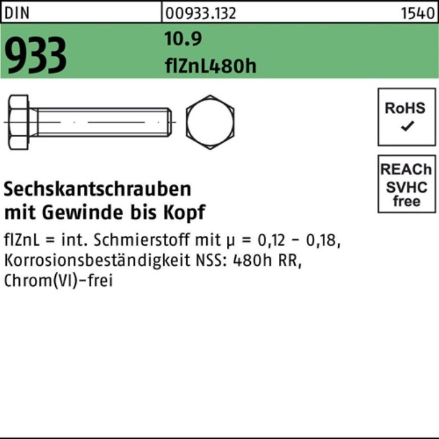 Pack 200er DIN Sechskantschraube 933 Reyher 10.9 VG 50 Sechskantschraube M6x flZnL/nc/x/x/480h