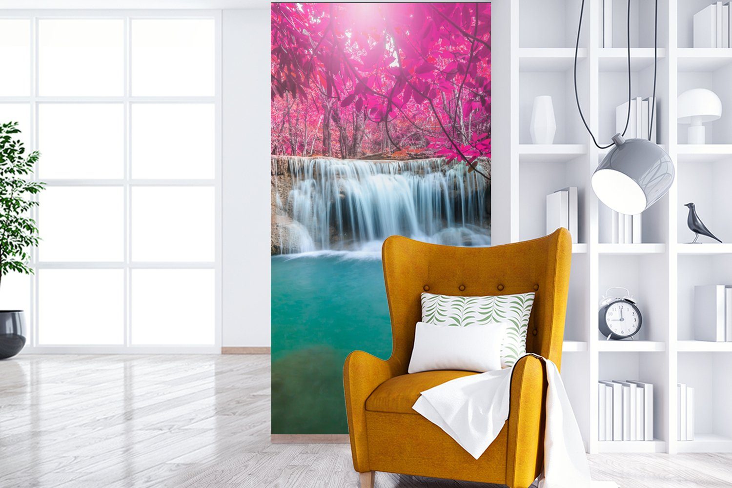 - Wasserfall Vliestapete (2 Natur, Fototapete für St), Baum Rosa bedruckt, Küche, Fototapete Wohnzimmer Schlafzimmer - - Matt, MuchoWow