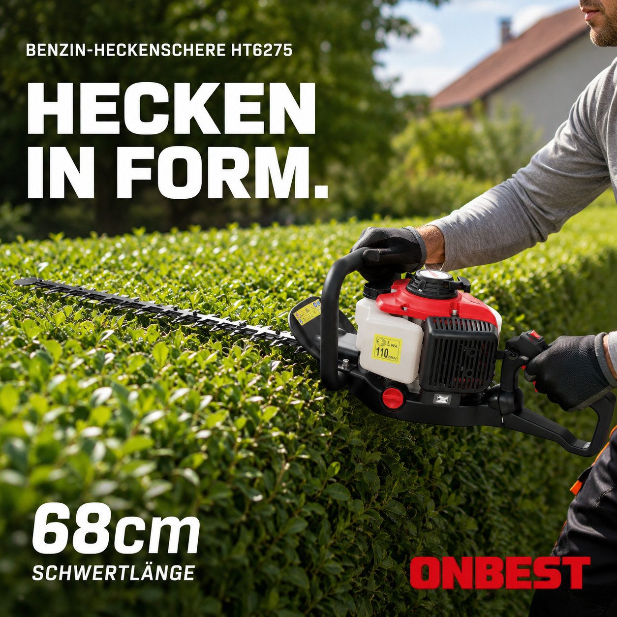 Onbest Benzin-Heckenschere HT6275 mit Laser CUT, 68 cm Schwertlänge, 0,75 kW / 1 PS, 26 mm Schnittkapazität, 5,5 kg