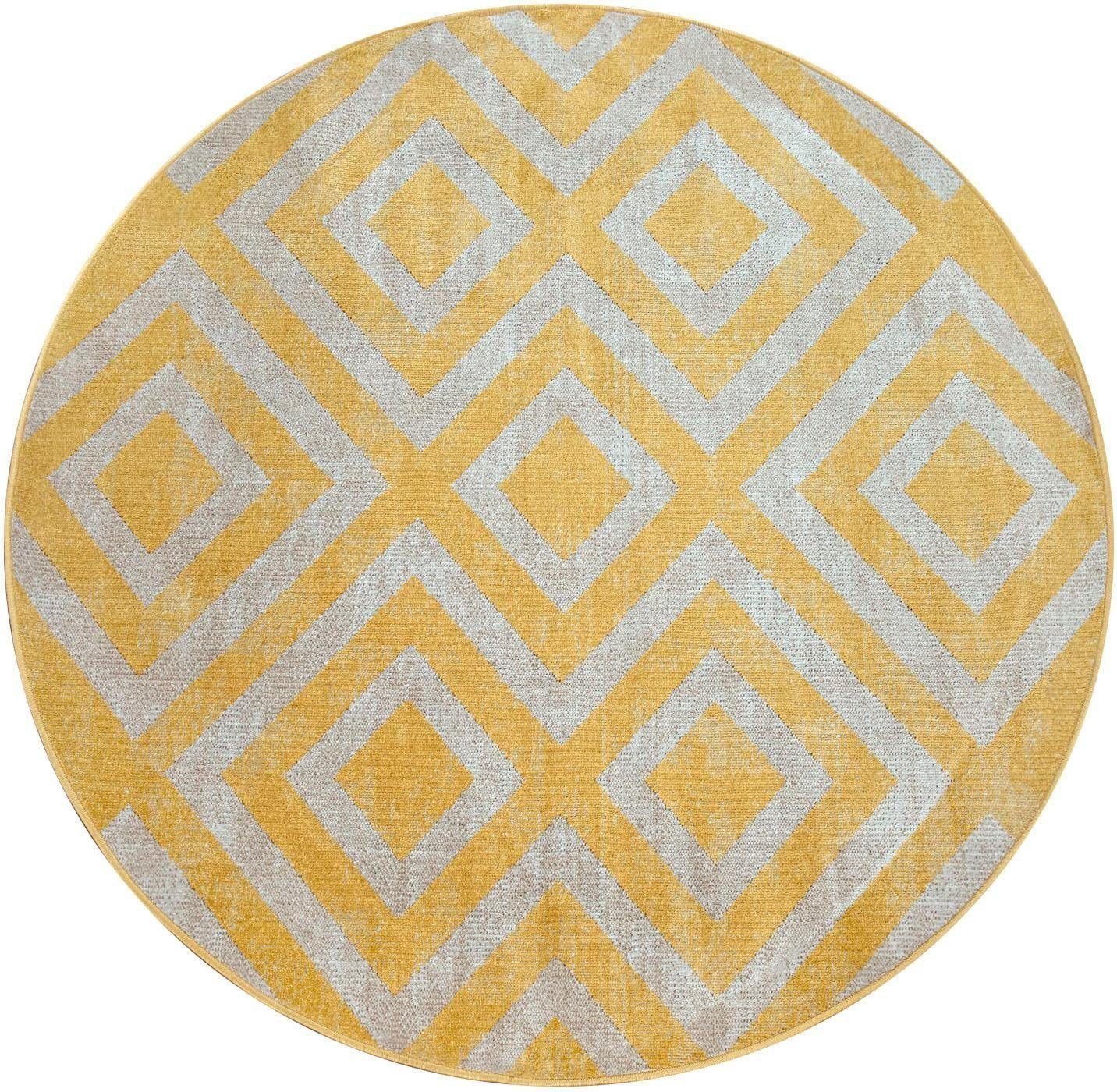 Teppich Poco 821, Paco Home, rund, Höhe: 6 mm, Kurzflor, Rauten-Design, In- und Outdoor geeignet gelb/weiß