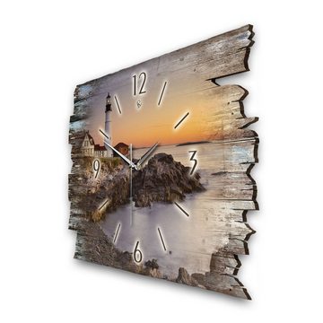 Kreative Feder Wanduhr Design-Wanduhr „Leuchtturm“ aus Holz im Shabby Style Design (ohne Ticken; flüsterleises Uhrwerk; außergewöhnlich, modern)