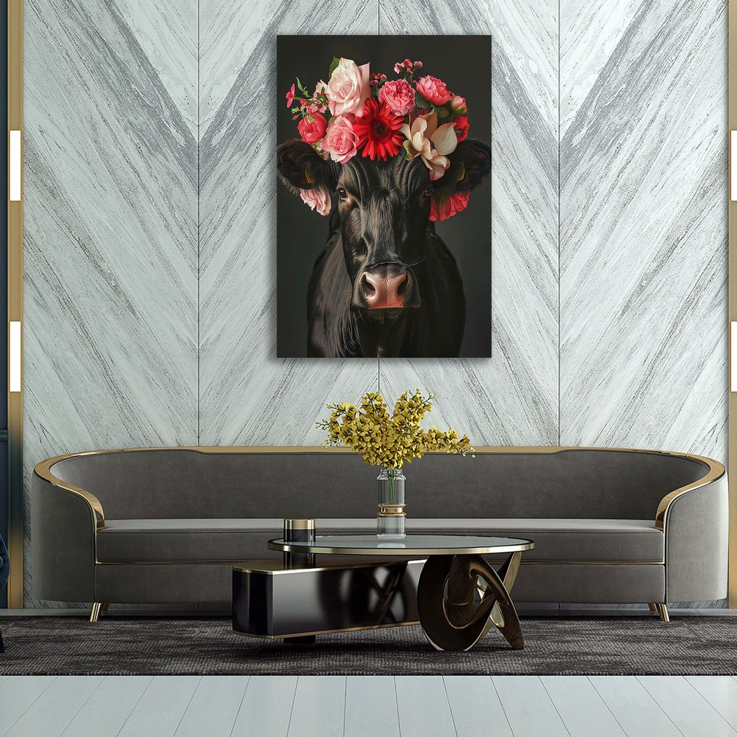 Artedinoi Leinwandbild Schwarze Kuh mit roter Blumenkrone Wandbild Leinwandbild Kunstdruck XL, Schwarze Kuh mit roter Blumenkrone