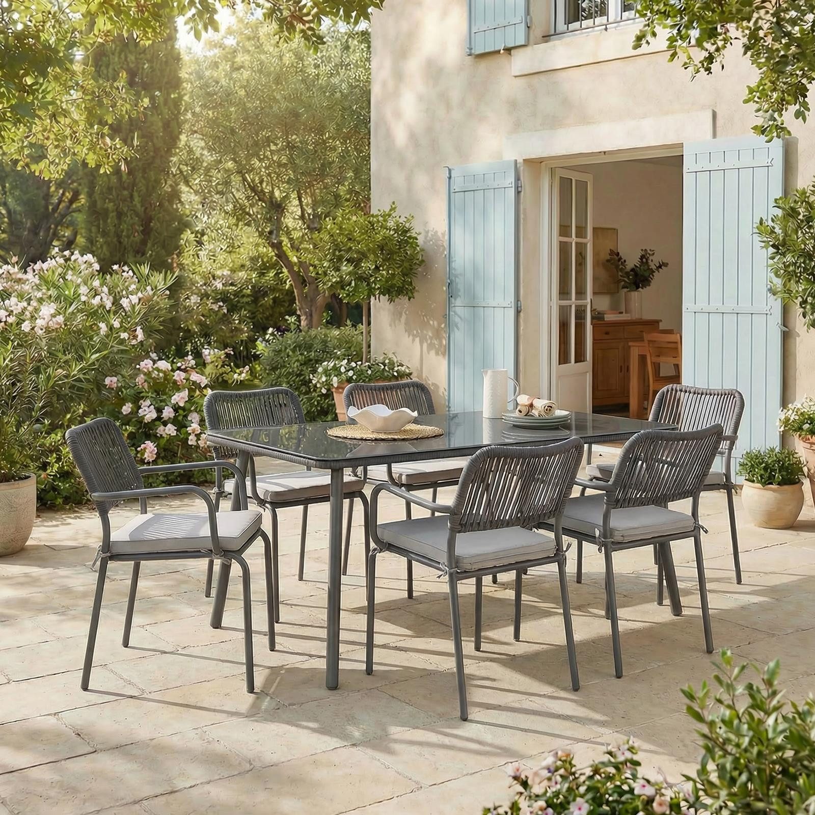 IDIMEX Garten-Essgruppe VOLONTE, (7-tlg), Sitzgruppe 6 Stühle mit Kissen & Tisch mit Glasplatte wetterfest grau
