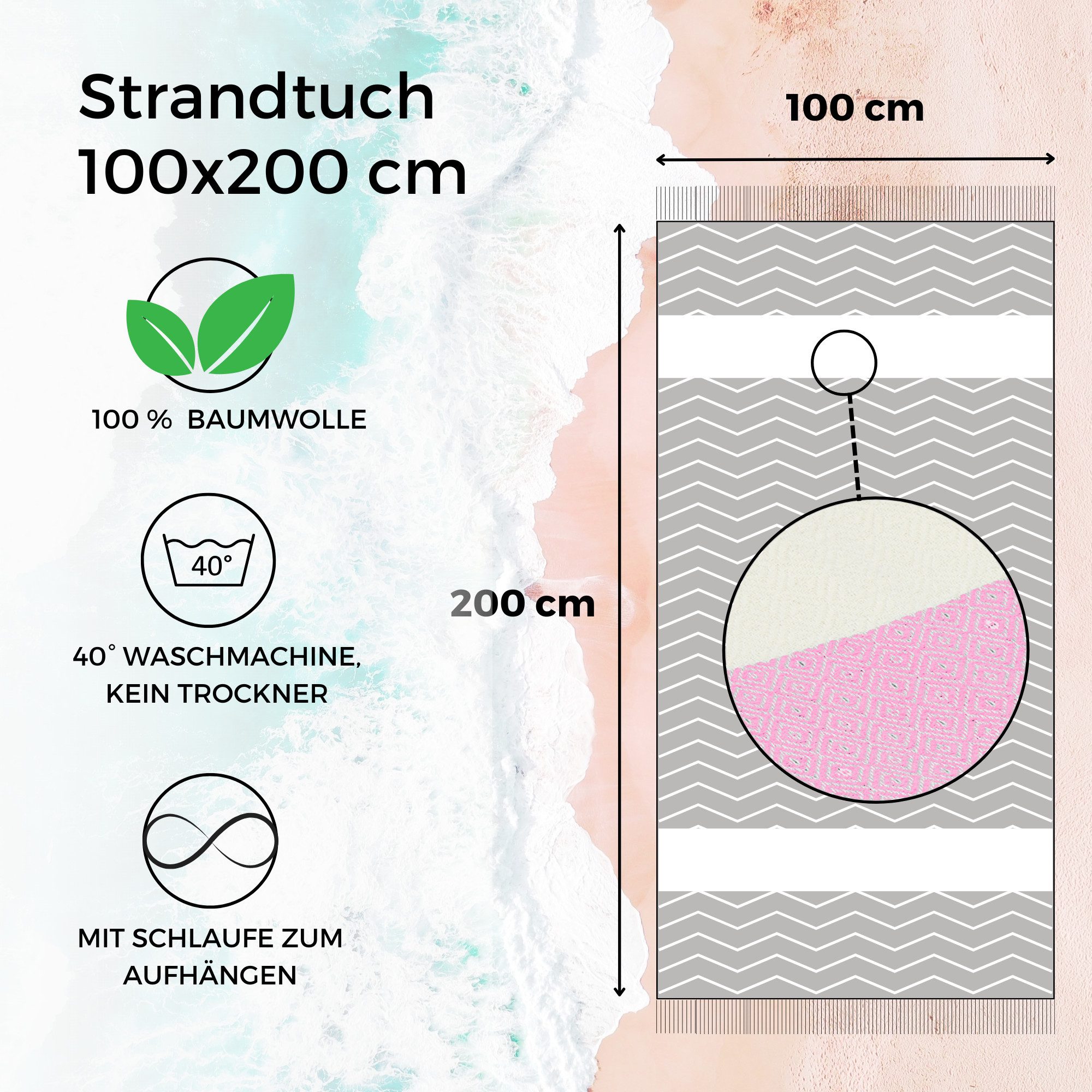 furora HOLIDAY Strandtuch groß 100x200 cm Strand Tuch, aus Baumwolle, Hamamtuch Badetuch, leicht, lang, dünn & kompakt – Bild 3 von 5