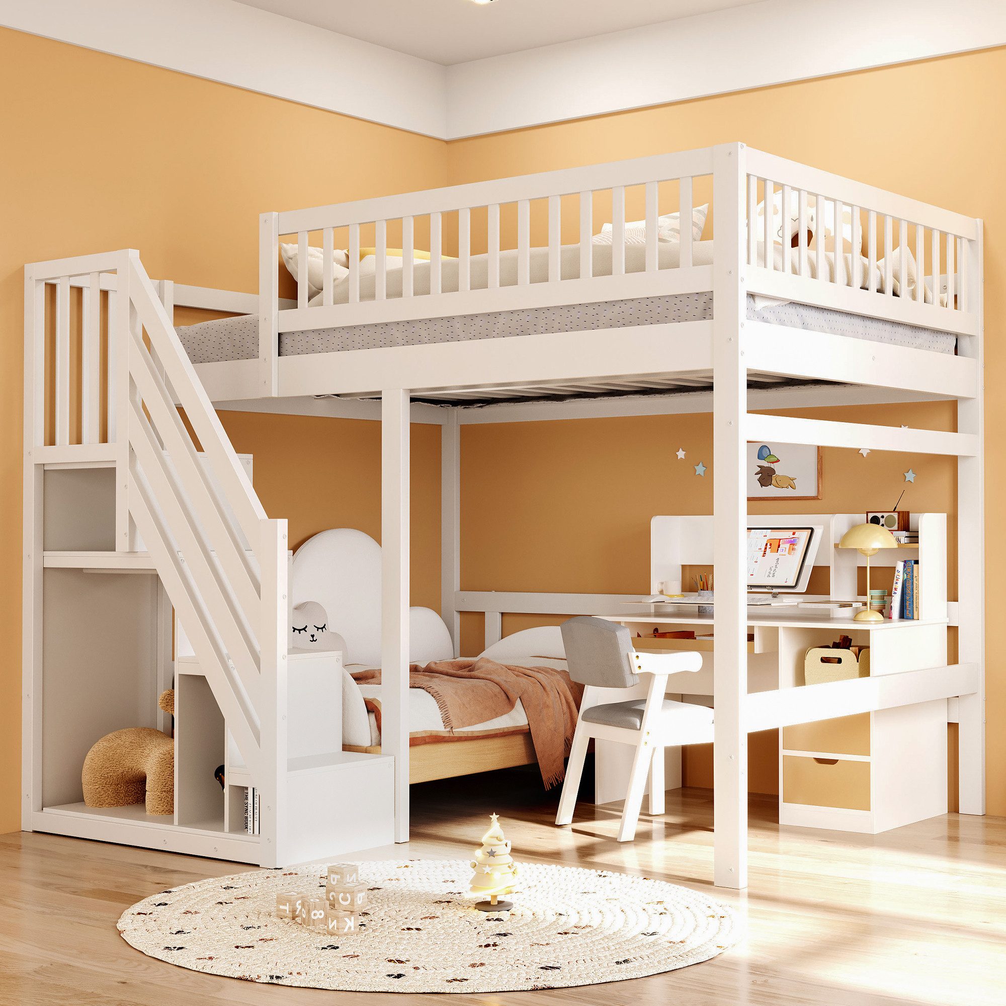 OKWISH Etagenbett Holzbett Kinderbett, Treppe mit Aufbewahrungsschrank (Jugendbett, Einzelbett, Massivholzrahmen, 140 x 200 cm), ohne Matratze