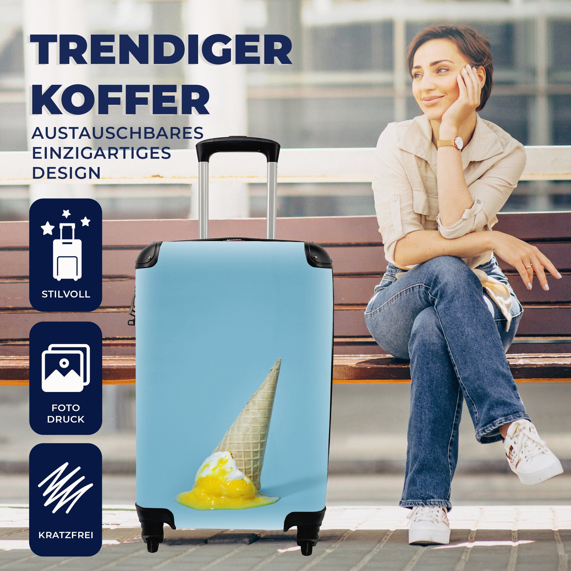 mit blauem Eis MuchoWow Reisekoffer mit 4 Trolley, Handgepäckkoffer Reisetasche für Ferien, Geschmolzenes Handgepäck Hintergrund, Rollen, rollen,