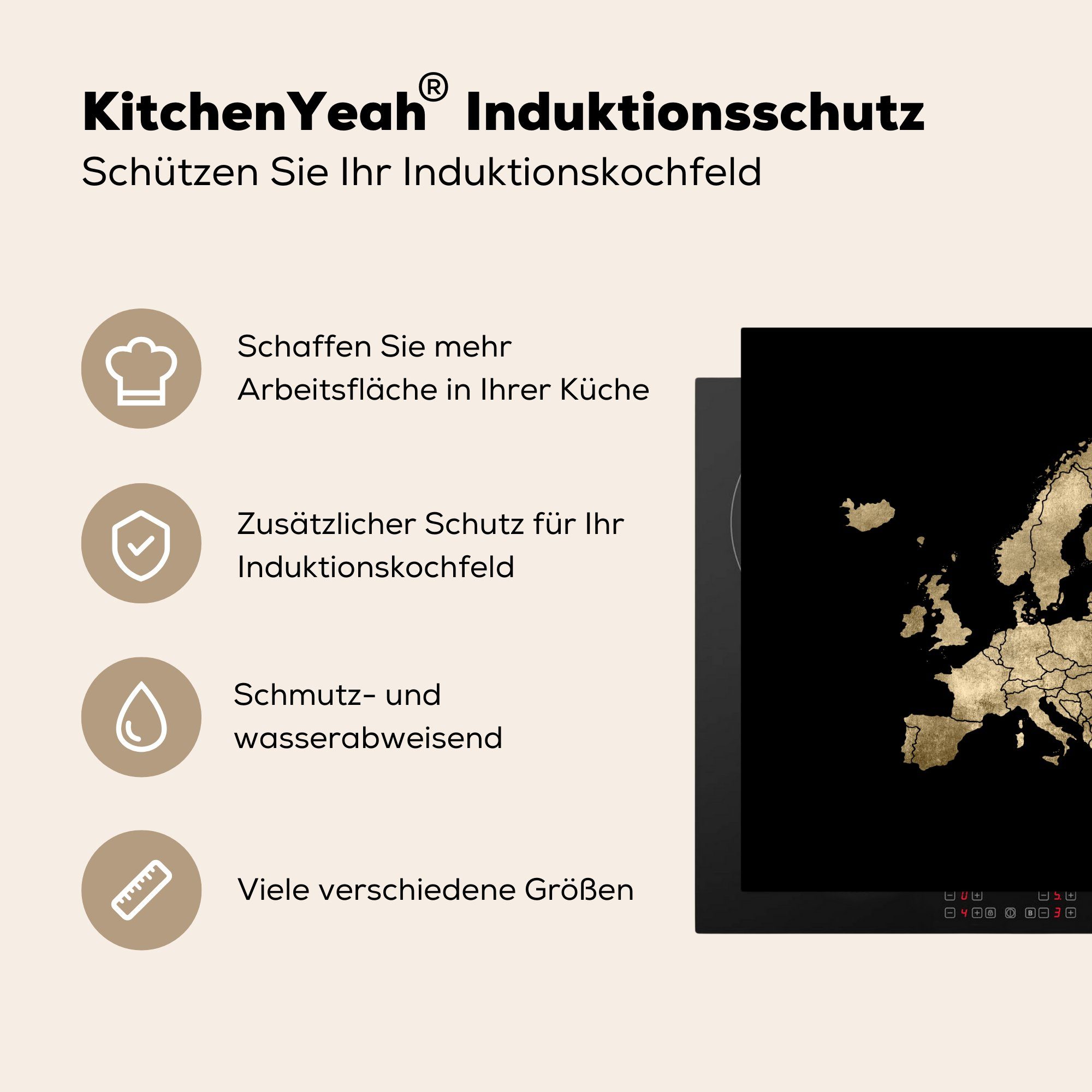 Vinyl, - küche 78x78 Herdblende-/Abdeckplatte Schwarz, Gold Arbeitsplatte cm, (1 Ceranfeldabdeckung, MuchoWow Karte - Europa für tlg),