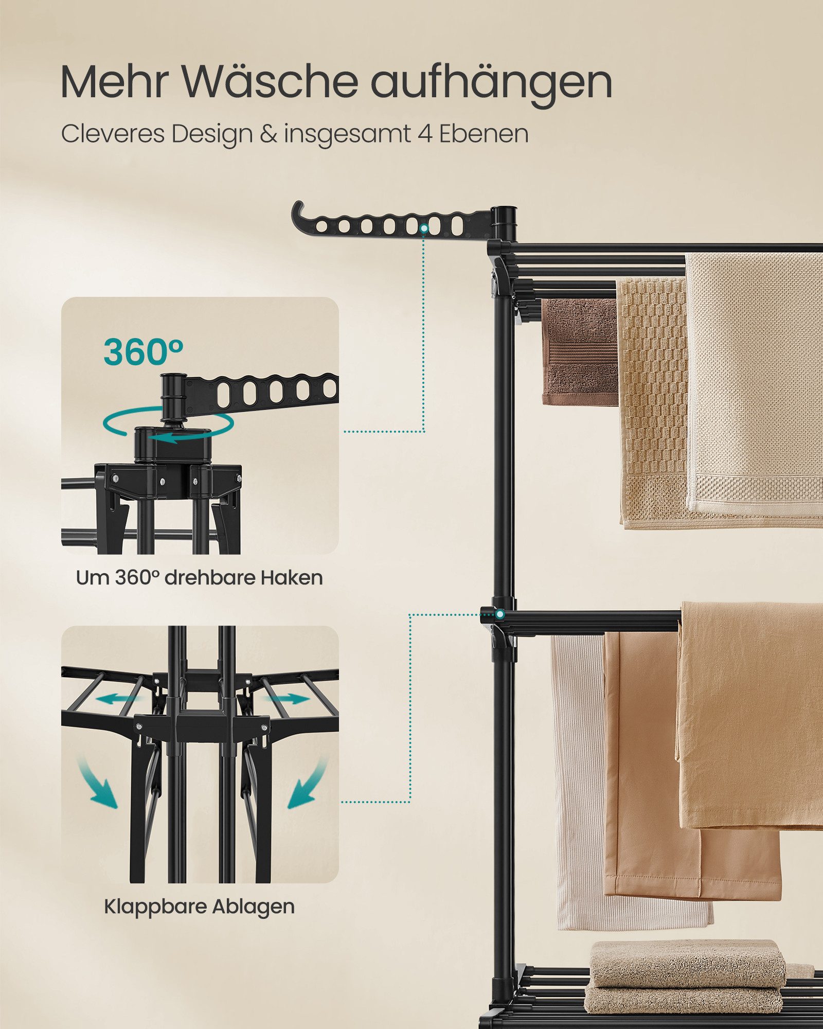 SONGMICS Wäscheständer Turm Standtrockner 4 Ebenen, Flügelwäscheständer, einfacher Aufbau, klappbare Flügel, mit Rollen, 63,5 x 128 x 173 cm – Bild 5 von 5