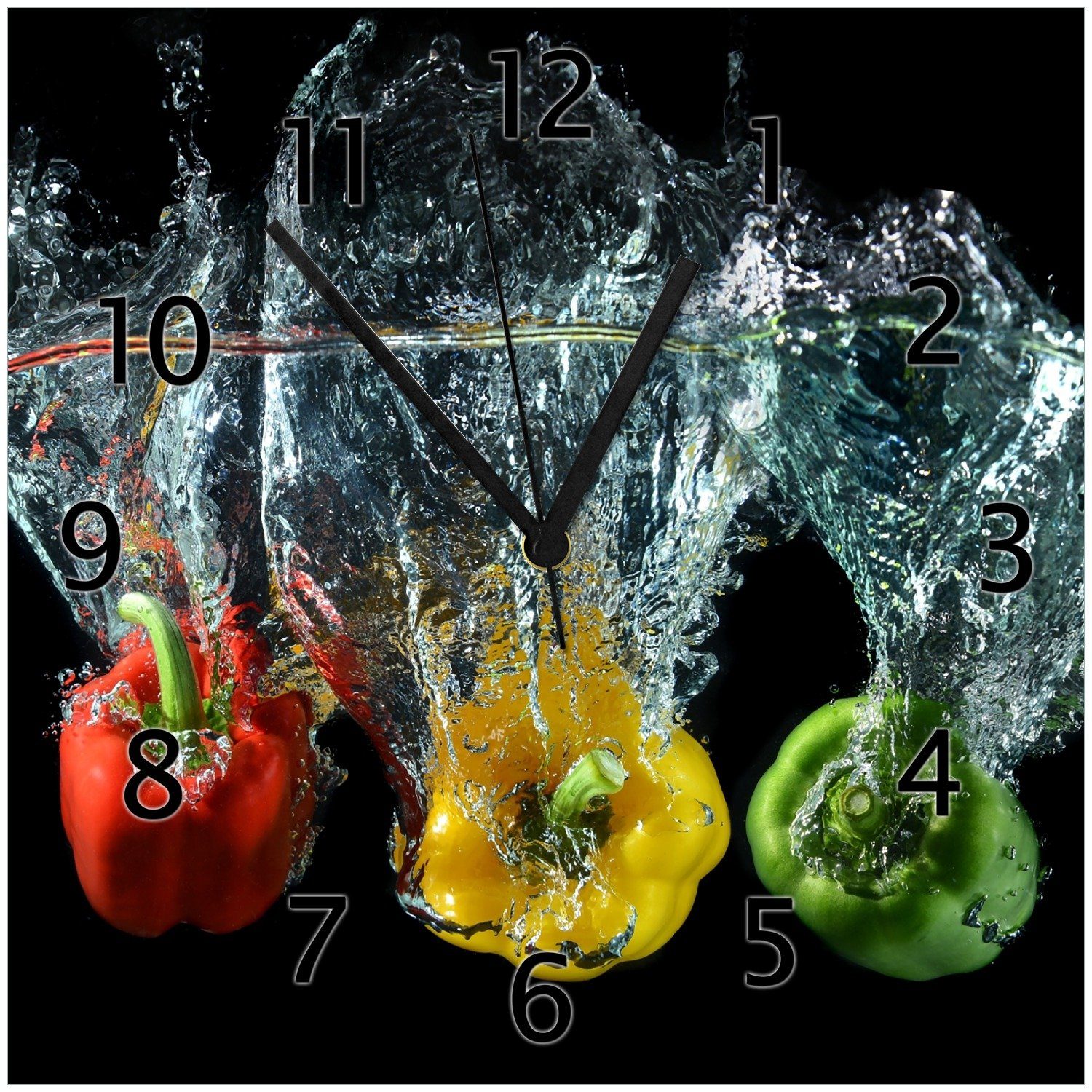 grün im in (Glasuhr) Paprika-Mix - Wanduhr frische Wasser Paprika und gelb rot, Wallario