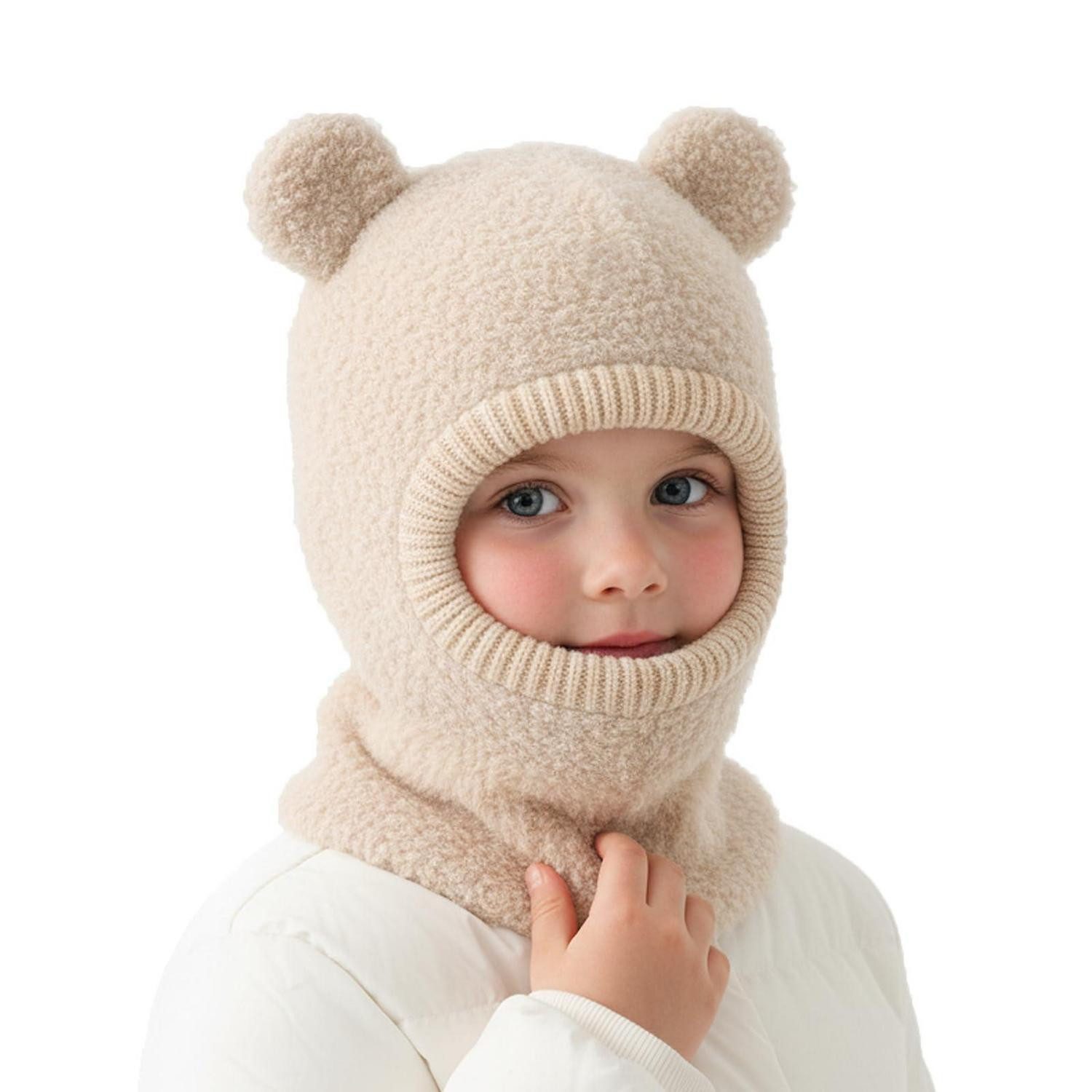 LuxusKollektion Sturmhaube Schlupfmütze Kinder Baby Beanie Bommel Fleece Sturmhaube Beige
