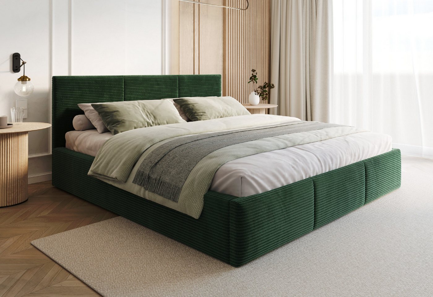 FDM Polsterbett AMBER modern mit Bettkasten MADE IN EU - mit Cord Bezug (verfügbar 90x200 120x200 140x200 160x200 180x200cm, Bettrahmen, Bett, mit großen gepolsterten Kopfteil, mit Bettkasten zum aufklappen), Hebbarer Metallrahmen, Bettkasten, mit/ohne Ma
