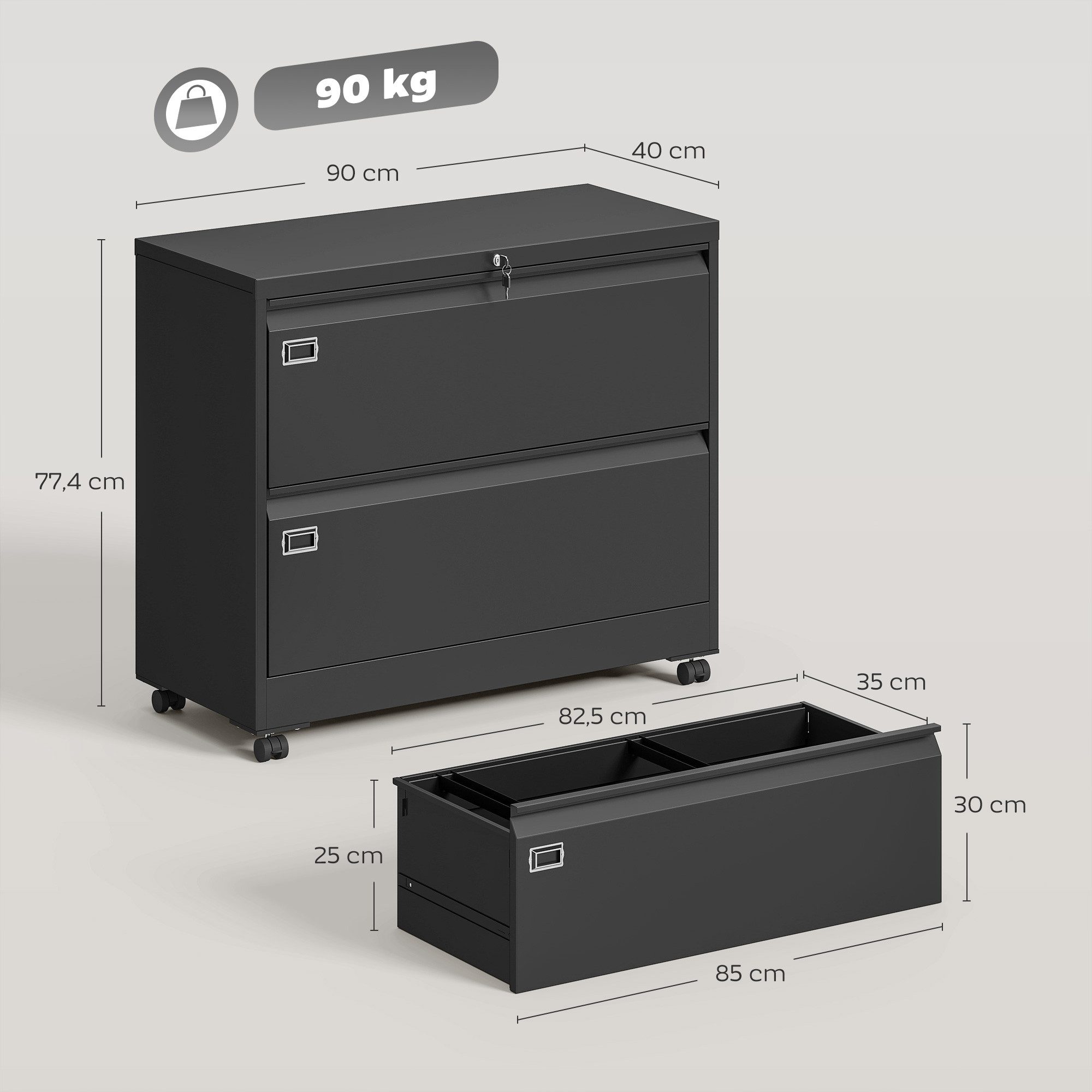 HOMCOM Aktenschrank mit 2 Schubladen Rollen verstellbarem Hängeregistratur (Rollcontainer, 1-St., abschließbar Büroschrank) für Büro, Homeoffice, 90 x 40 x 77,4 cm, Schwarz