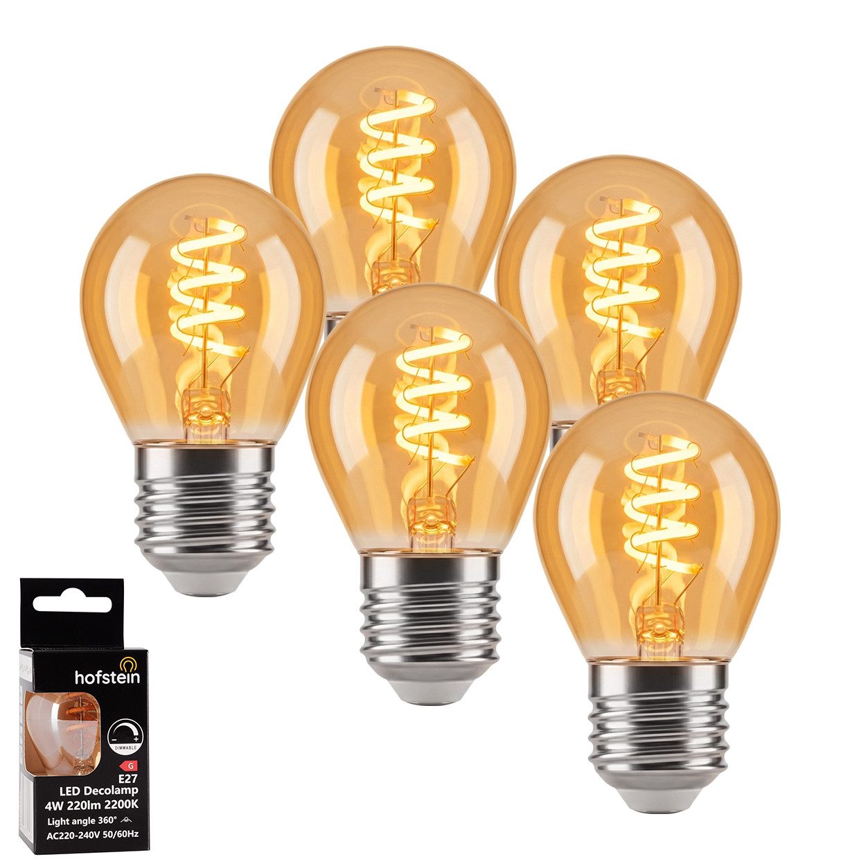 hofstein LED-Leuchtmittel 5er Set Glühbirne Extra Warmweiß dimmbar 4 Watt, E27, 2200 Kelvin, 220 Lumen, Kerze, Filament Spirale, Amber