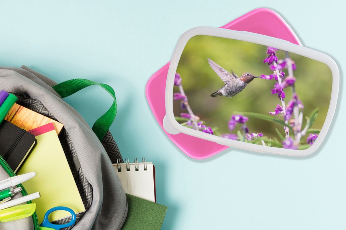MuchoWow Lunchbox Brotbox - Kunststoff rosa Erwachsene, für - Kunststoff, (2-tlg), Mädchen, Brotdose Snackbox, Vogel Kinder, Natur, Kolibri