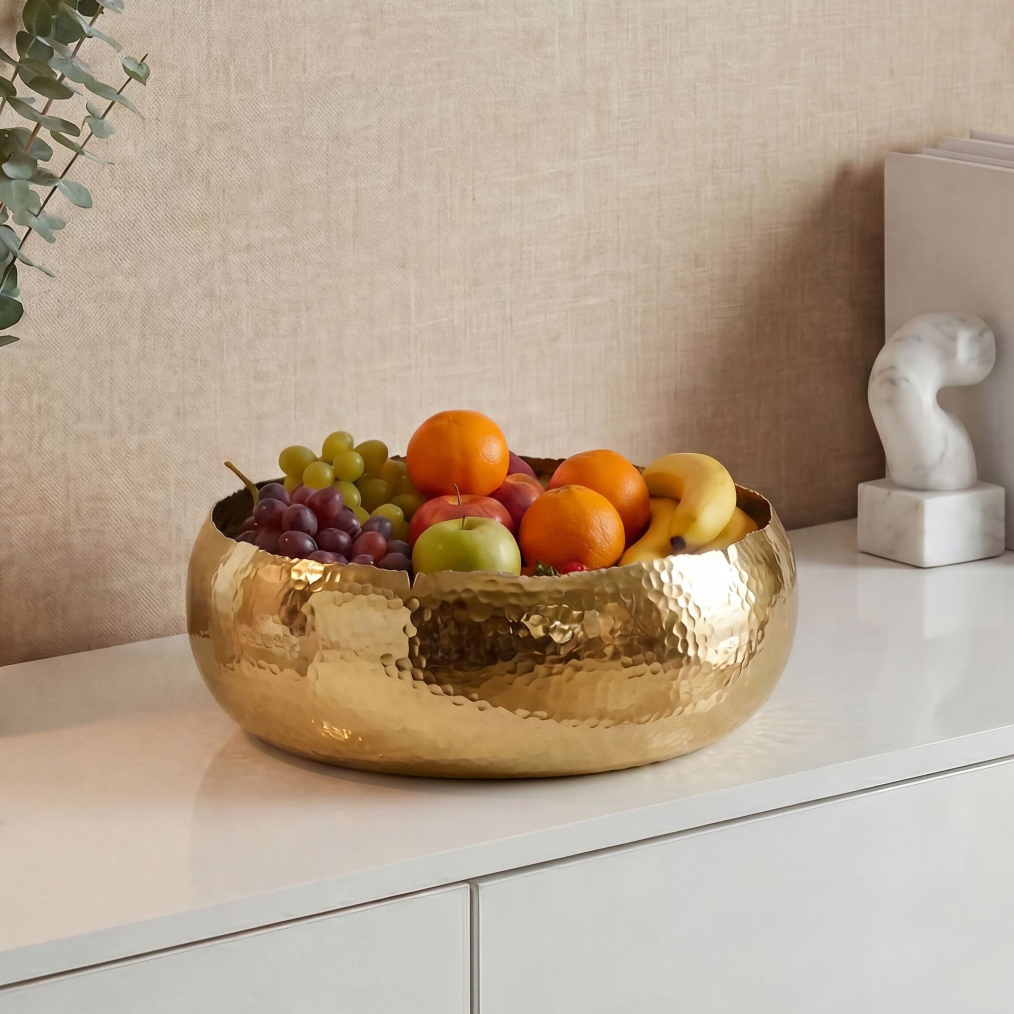 FINEBUY Obstschale FB77793 Metallschale Aluminium Gold 35cm Obstkorb Metall Rund, Aluminium, (Bauchige Früchteschale für deine heimische Küche), Stabile Schale mit Hammerschlag Struktur