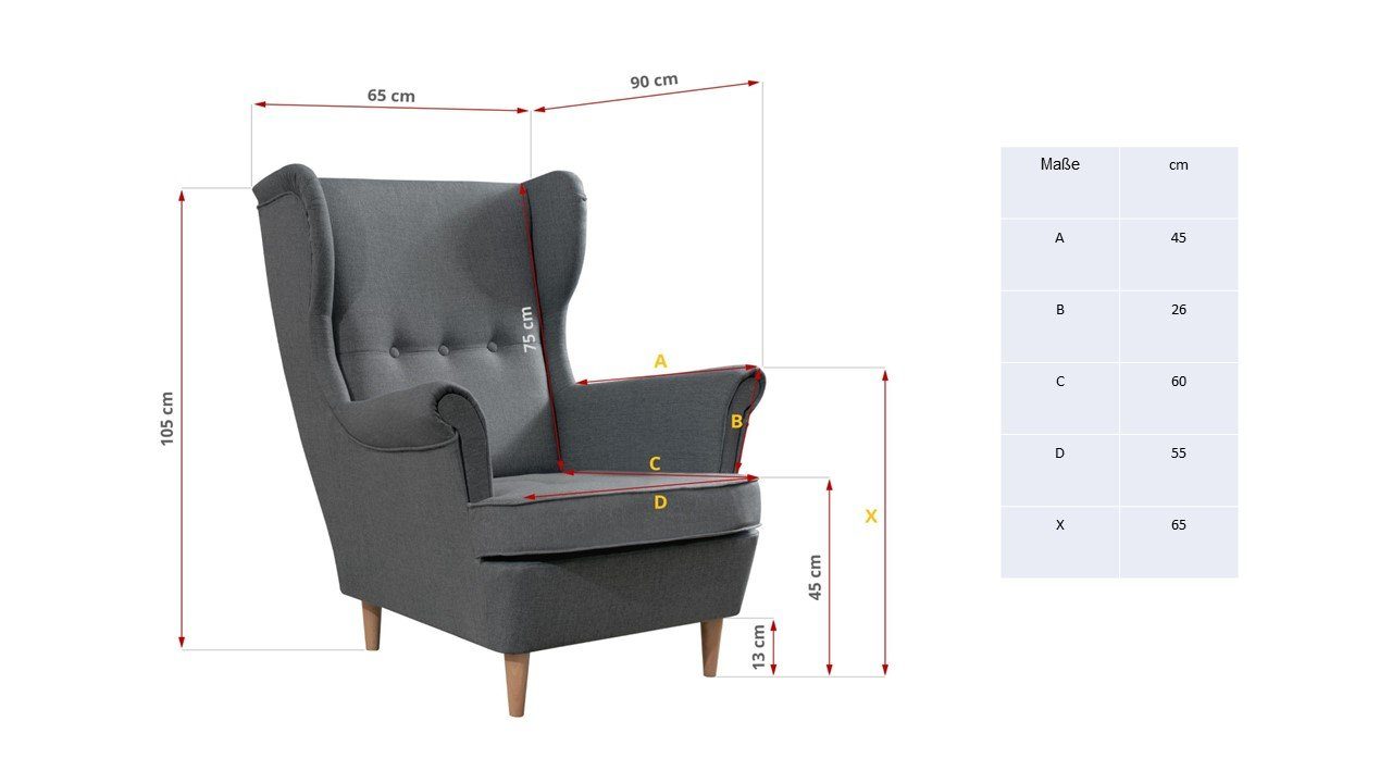 Unique Home Ohrensessel Sessel 29 Ohrensessel, GM-RUF-KP, wählbar Farbe Kronos
