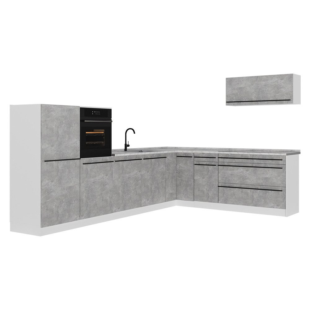 Vicco Winkelküche R-Line, Beton/Weiß, 327 x cm Arbeitsplatte Marmor