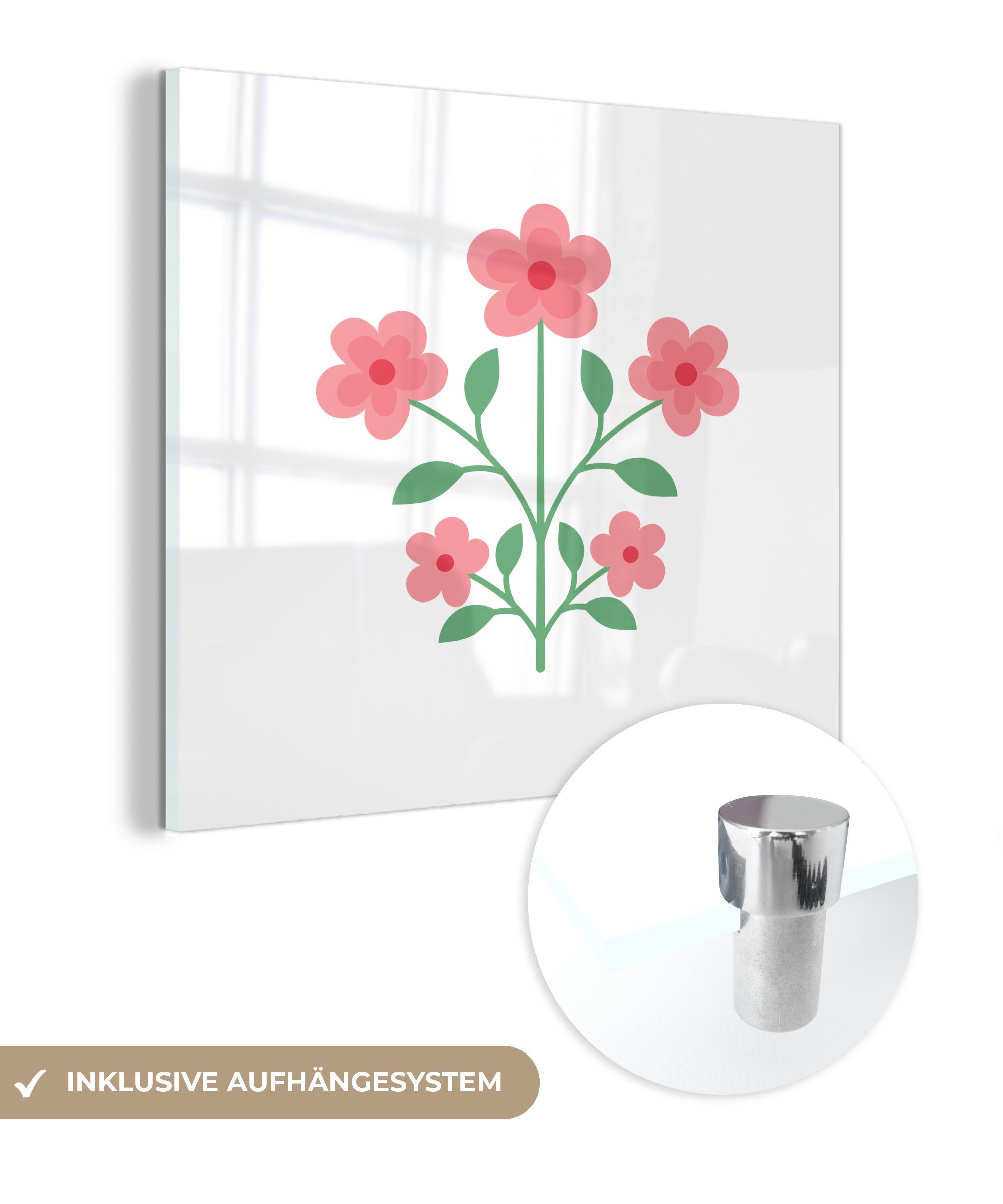 Minimalistische Glas - - auf Wanddekoration - Acrylglasbild Bilder Glas MuchoWow von rosa Illustration St), auf Foto Blumen, (1 Wandbild Glasbilder