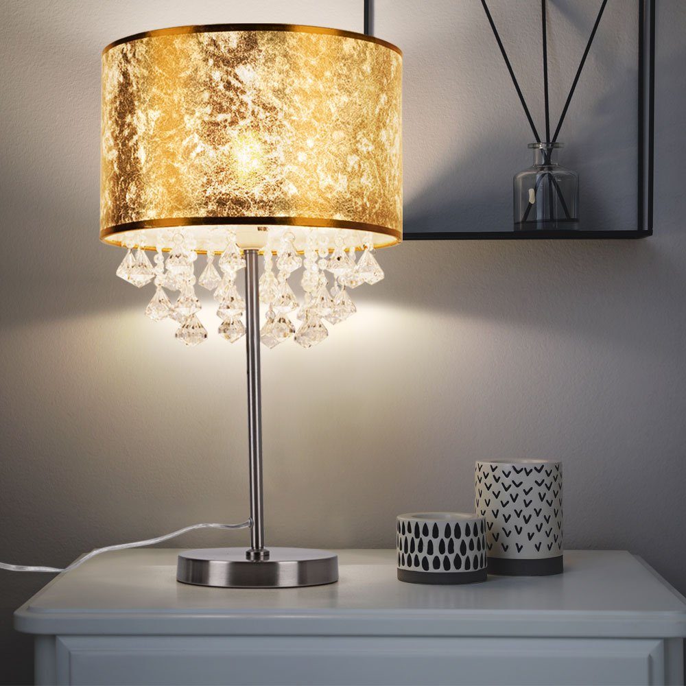 etc-shop LED Tischleuchte, Leuchtmittel inklusive, Warmweiß, Tisch Lampe Stoff Nacht Licht Blatt Gold Design Kristalle Steh | Tischlampen
