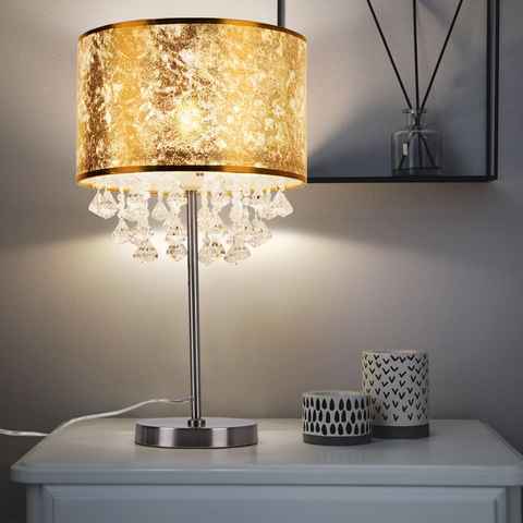 etc-shop LED Tischleuchte, Leuchtmittel inklusive, Warmweiß, Tisch Lampe Stoff Nacht Licht Blatt Gold Design Kristalle Steh