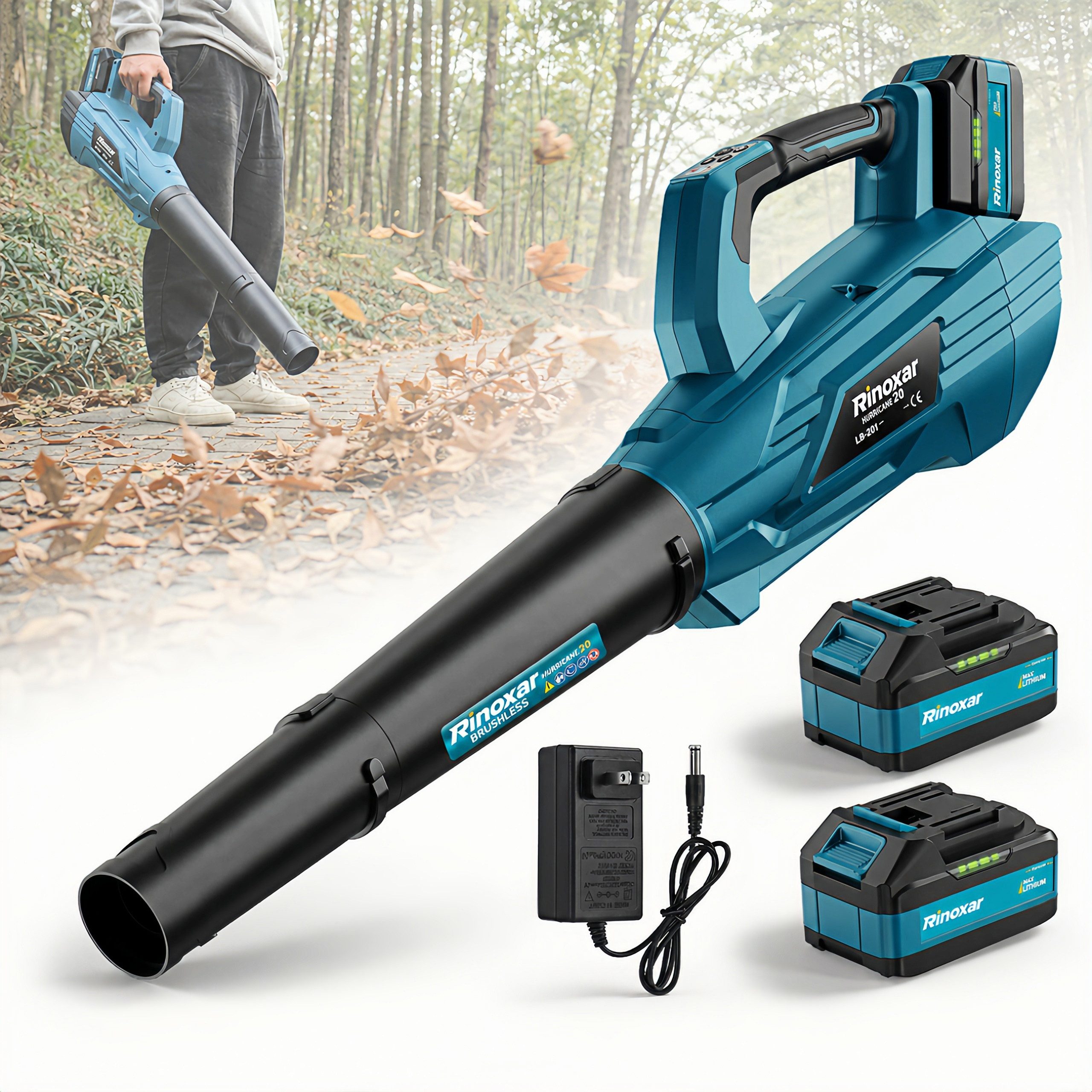Rinoxar Akku-Laubbläser Akku-Laubbläser 850W 180 km/h mit 2x 5200mAh Akku & Turbo, 5 Stufen, 800 m³/h, bürstenloser Motor, leicht & handlich