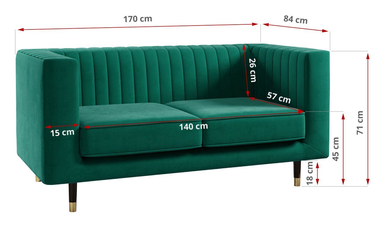 MKS MÖBEL Sofa ELMO 2, Dunkelgrün Modern Zweisitzer-Sofa, hohen Ein freistehendes Kronos Stil, Metallbeinen