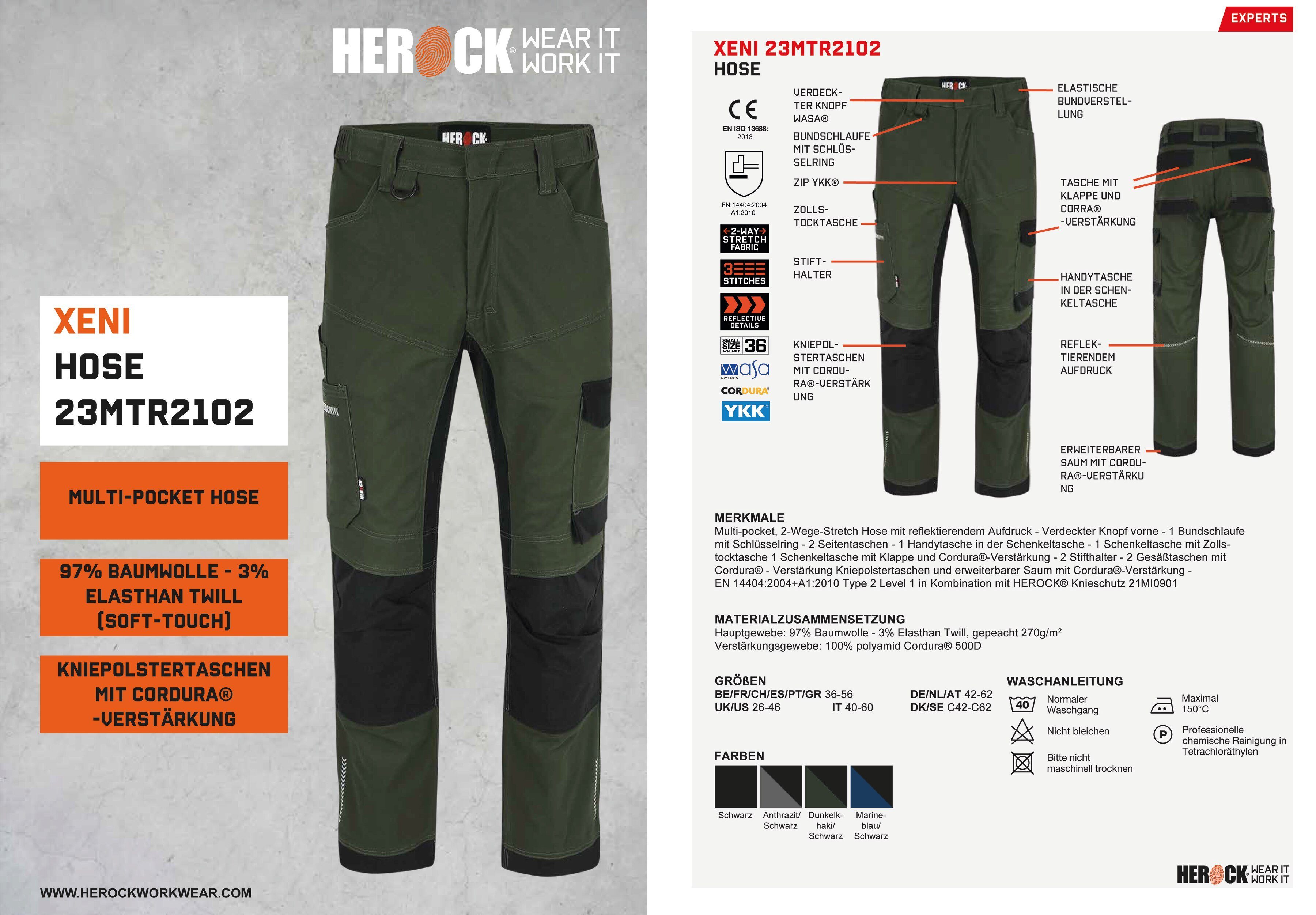 Herock Arbeitshose XENI Multi-pocket, Stretch, bequem und khaki weich wasserabweisend, Baumwolle