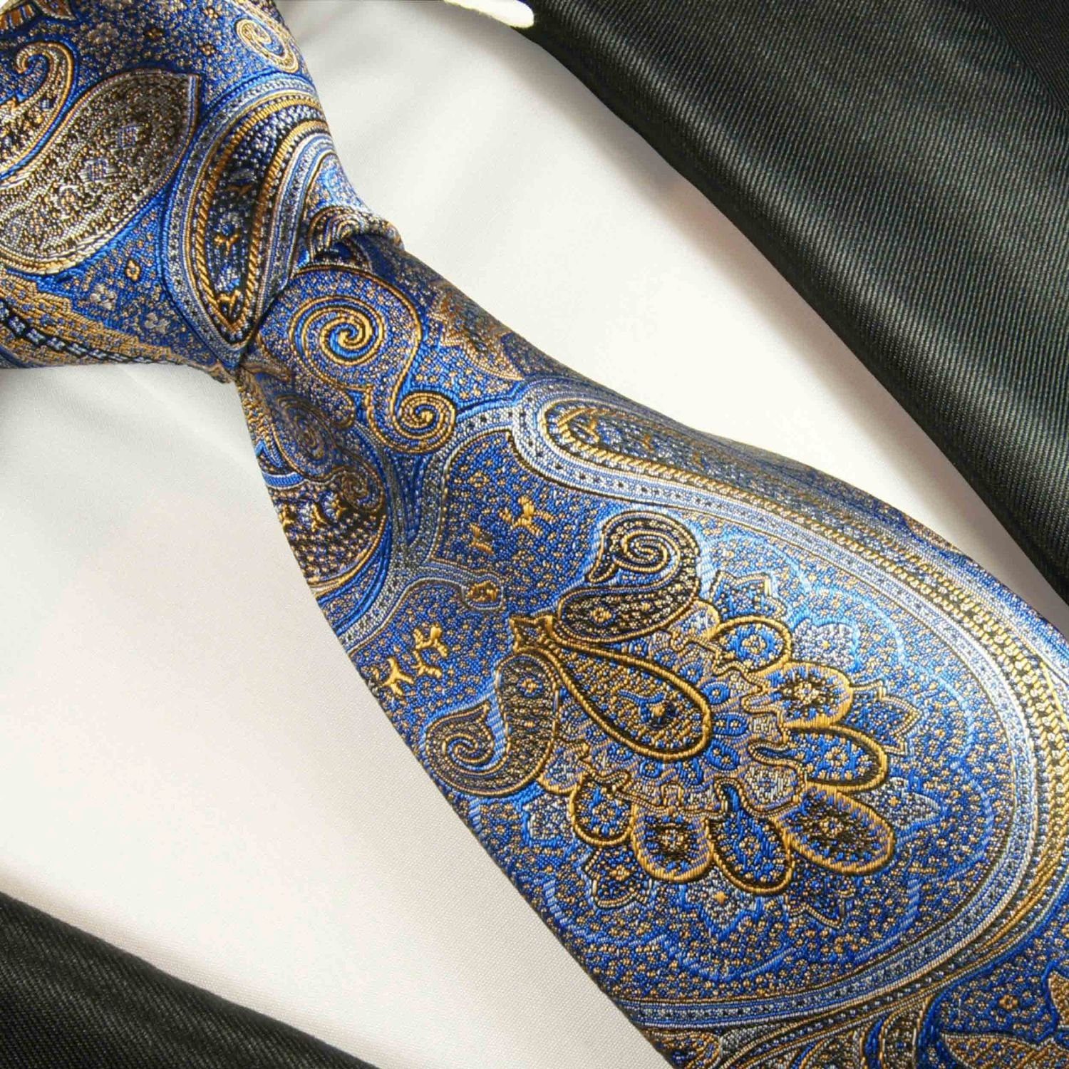 Seidenkrawatte 2094 Malone brokat paisley Krawatte Herren mit Krawatte gold Elegante 2-St., Seide Tuch Paul Breit Einstecktuch) 100% (Set, blau mit (8cm),