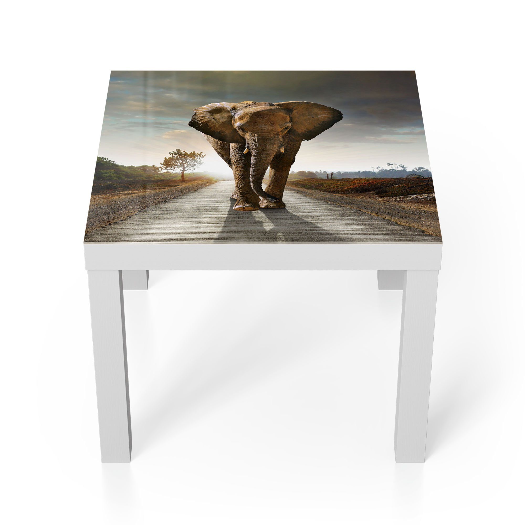 DEQORI Couchtisch 'Elefant auf Asphalt', Glas Beistelltisch Glastisch modern Weiß | Couchtische