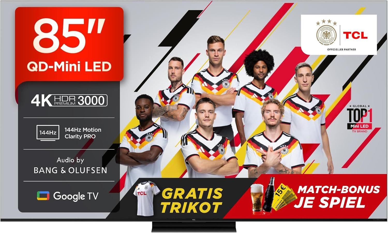 TCL 85Q7CX2 Mini-LED-Fernseher (215 cm/85 Zoll, 4K Ultra HD, Smart-TV, Google TV, Audio von Bang & Olufsen, Präzises Dimming, Smart TV, Apple TV, 4K HDR)