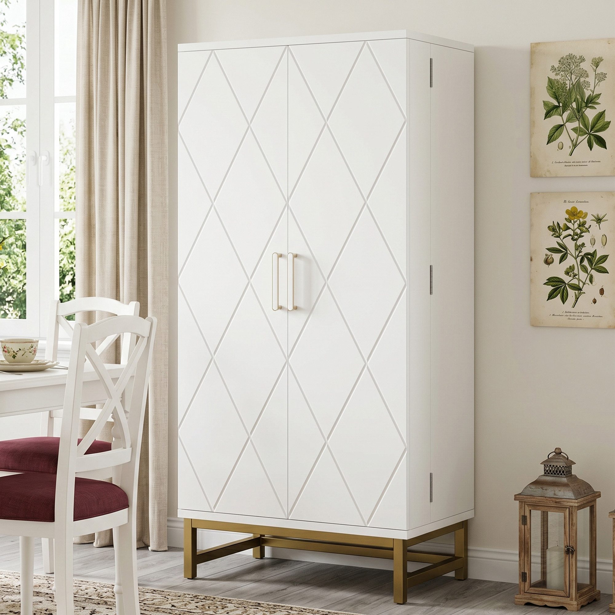 BlingBin Mehrzweckschrank 60x40x130 cm Vorratsschränke Küchenschränke (1er Set, 1-St., Tragendes Gewicht: 45kg, Aufbewahrungsschrank, Weiß+Gold) Hochschrank mit Verstellbaren Einlegeböden für Ess- oder Wohnzimmer