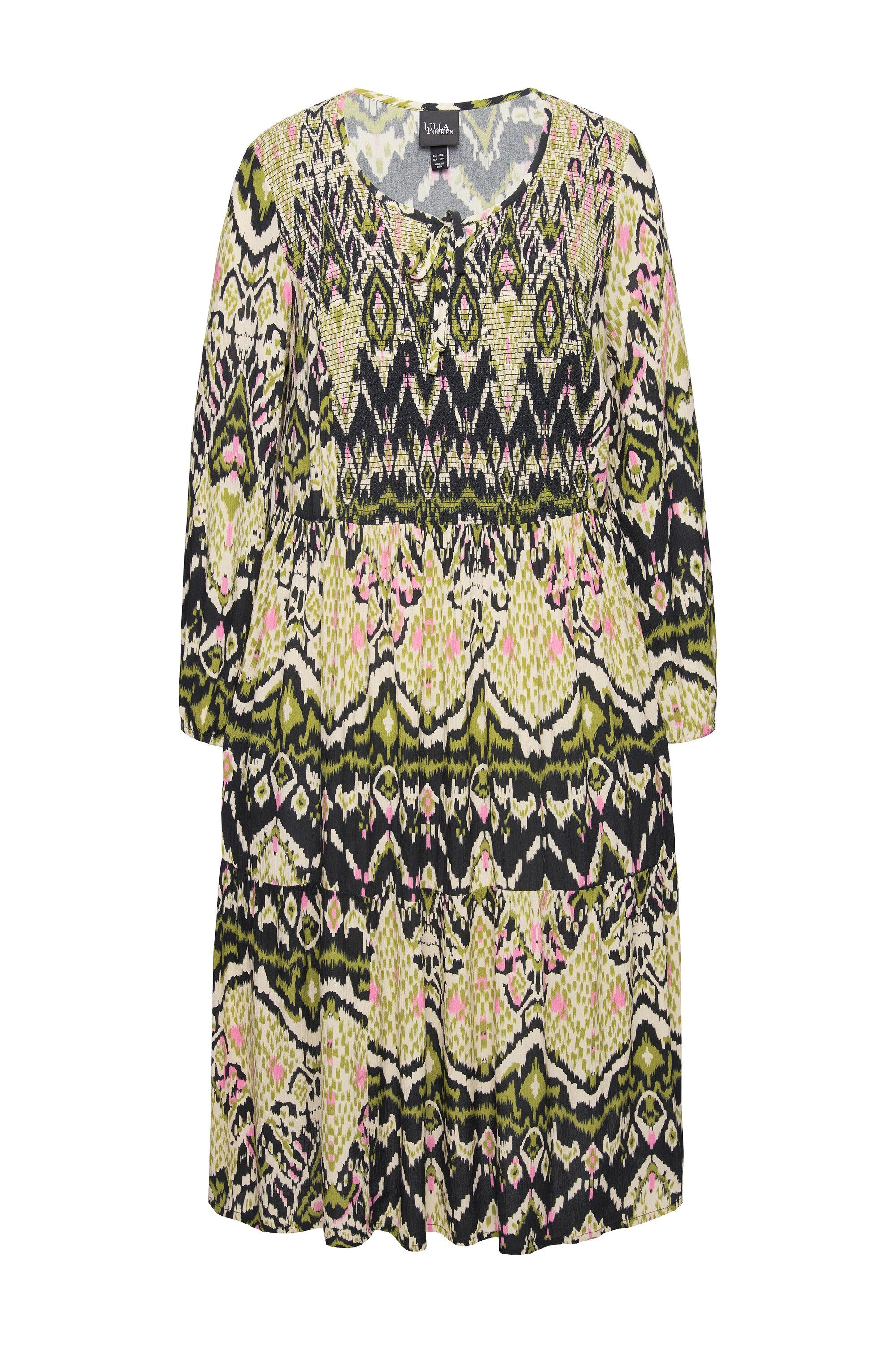 Ulla Popken Midikleid Midikleid gesmokt A-Linie Rundhals Langarm günstig online kaufen