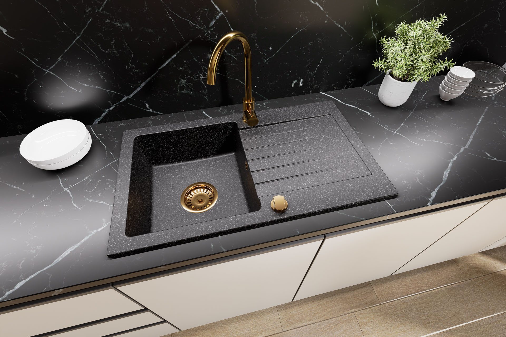 Faizee Möbel Granitspüle Granitspüle Küchenspüle inkl. Siphon Set Gold Einbauspüle 75x45, Rechteck, 75/45 cm