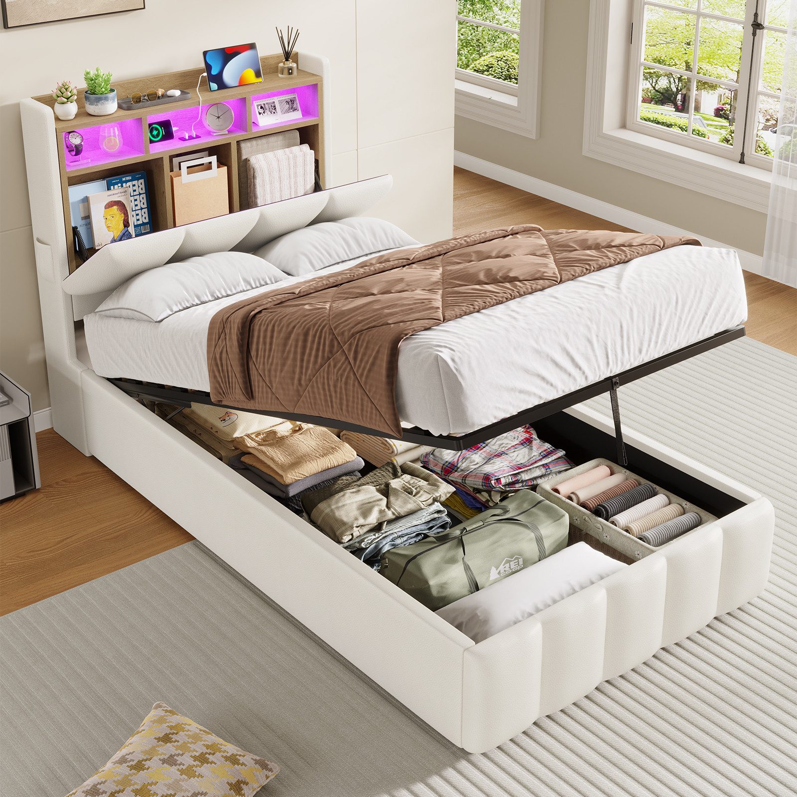 KIMENICH Polsterbett mit LED Beleuchtung und Ladefunktion (1-tlg., Ohne Matratze), Jugendbett Hydraulisches Stauraumbett, 90x200 cm