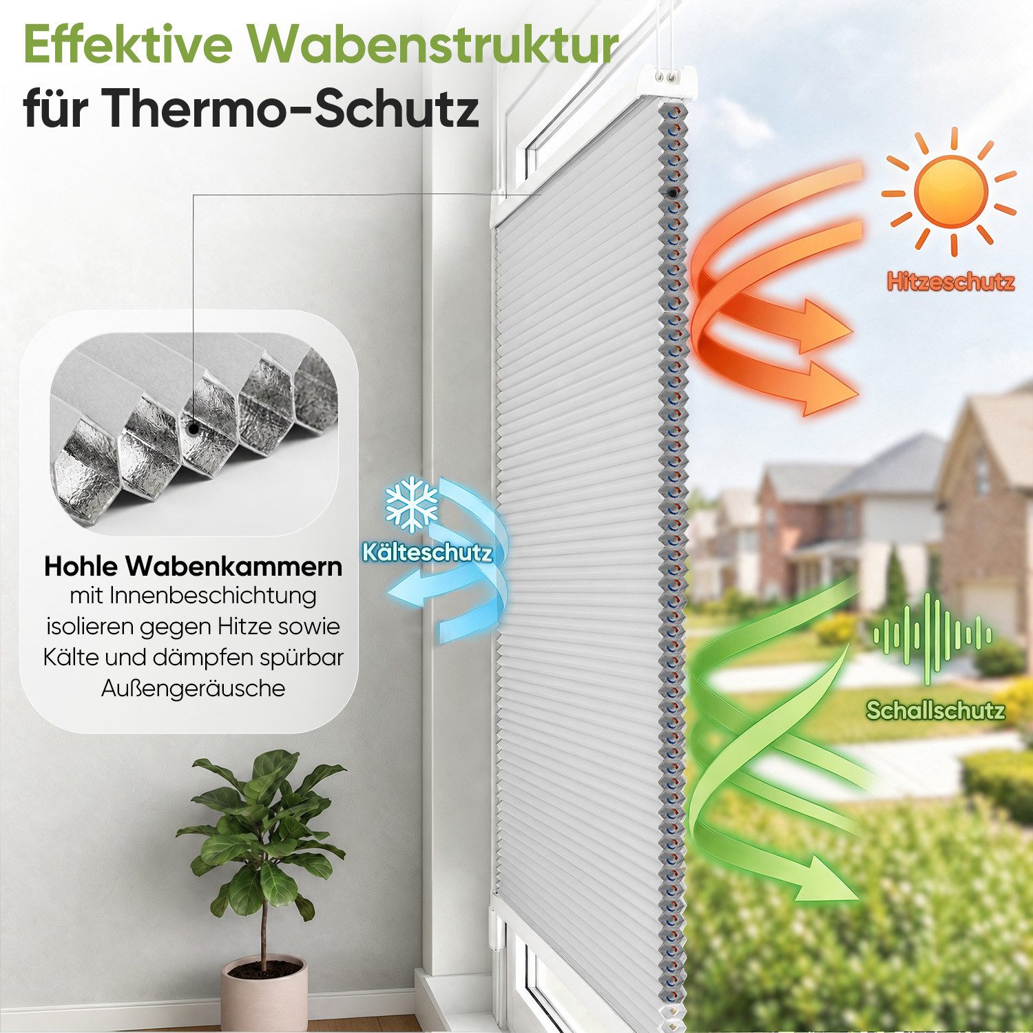 Salcar Wabenplissee Klemmfix ohne Bohren Thermo Plissee verspannt verdunkelnd blickdicht, Weiß 35x100cm,Fenster Tür Sonnenschutz Hitzeschutz Doppelplissee – Bild 4 von 5