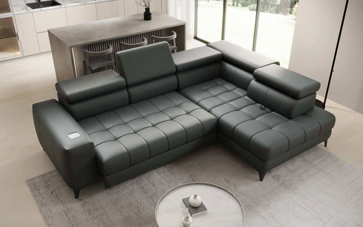 Luxusbetten24 Schlafsofa Designer L Sofa Seluna in Echtleder, mit elektrischer Schlaffunktion, Induktion und Stauraum