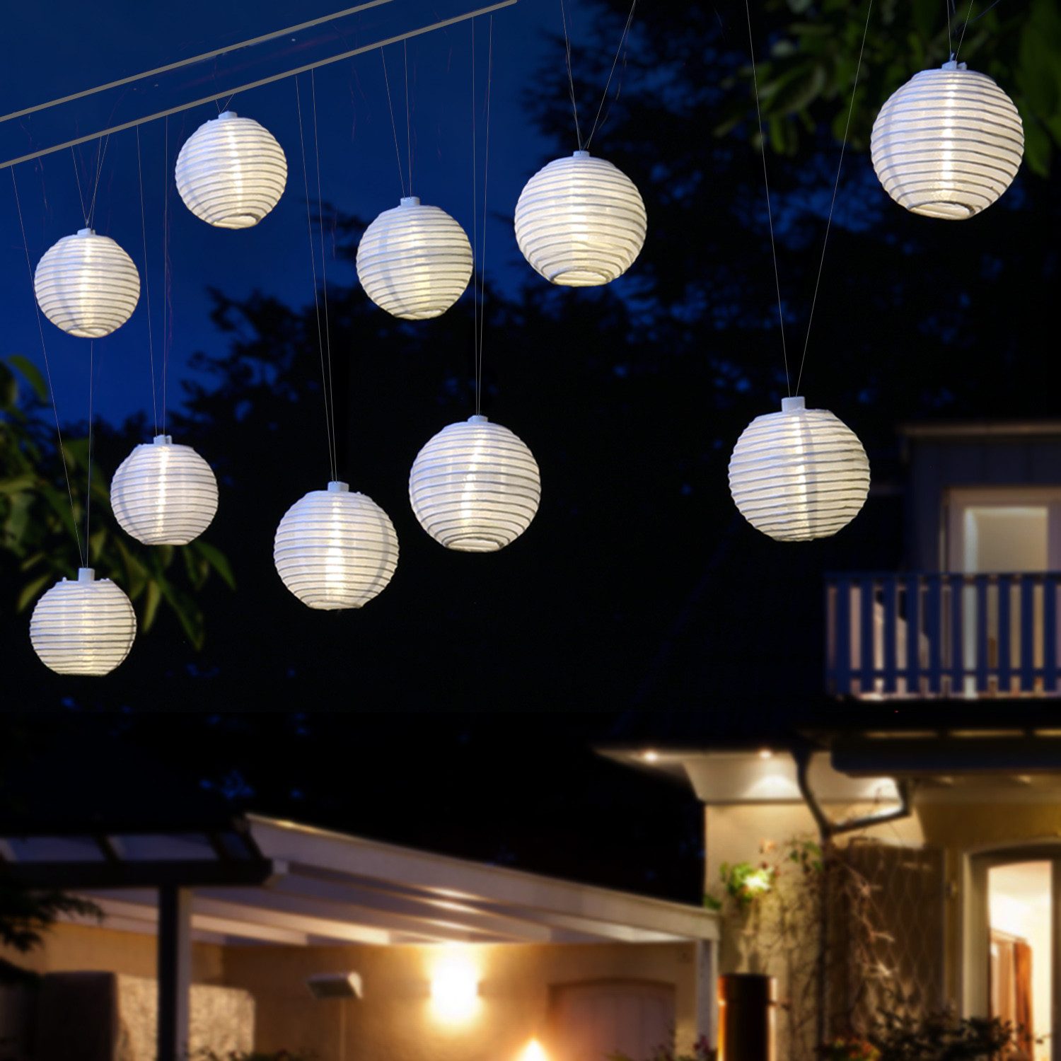 MARELIDA LED-Lichterkette Lampionkette 20 weiße Lampions 8Funktionen 5,7m Garten Balkon Terrasse, 20-flammig