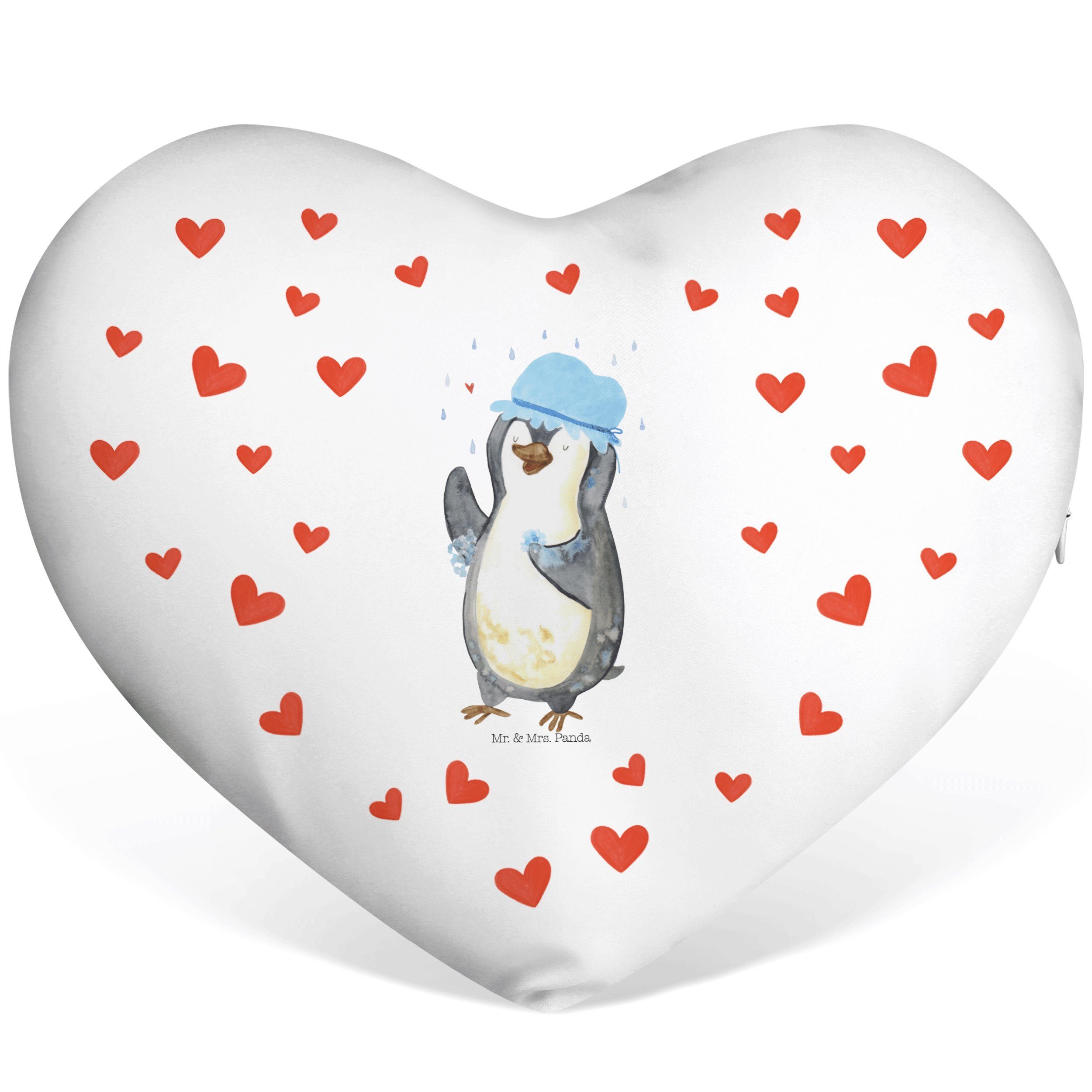 Mr. & Mrs. Panda Dekokissen Pinguin duscht - Weiß - Geschenk, Dekokissen, Herzform, Lebensmotto