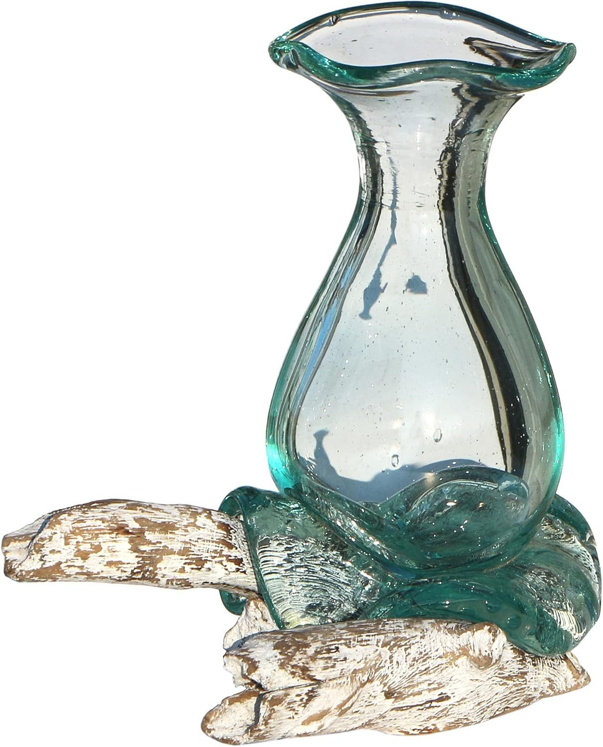 Wogeka Dekovase Glas-Vase Athena auf weißem Wurzelholz Kanne Teakholz Gamal Bali Vase