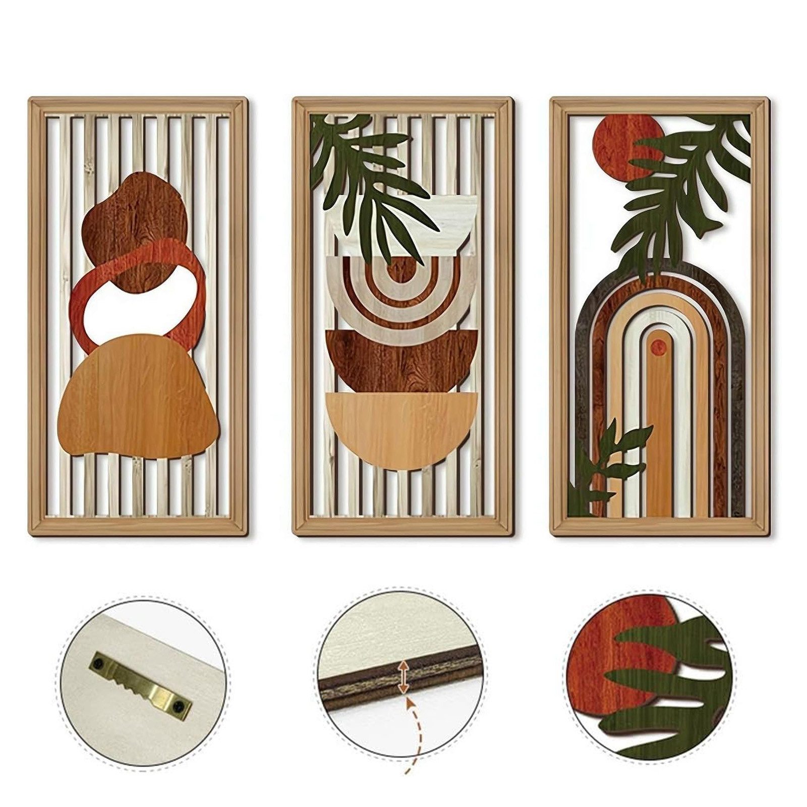 MODFU Wanddekoobjekt Boho Wandbilder 3er Set moderne Wandkunst 30x15 cm (aus MDF, geometrische Formen, abstrakte Motive, warme Erdtöne, 3 St., 3D-Effekt Wandgestaltung), Аксессуары для дома für Wohnzimmer Schlafzimmer Esszimmer Büro Flur