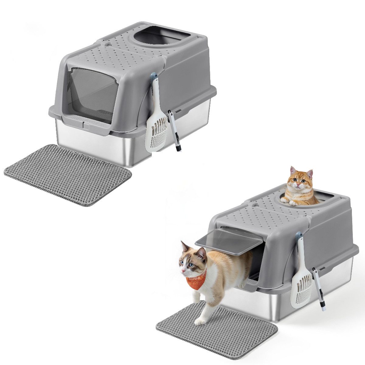 FEANDREA Katzentoilette, Edelstahl, XL, mit Deckel, 2 Eingängen günstig online kaufen