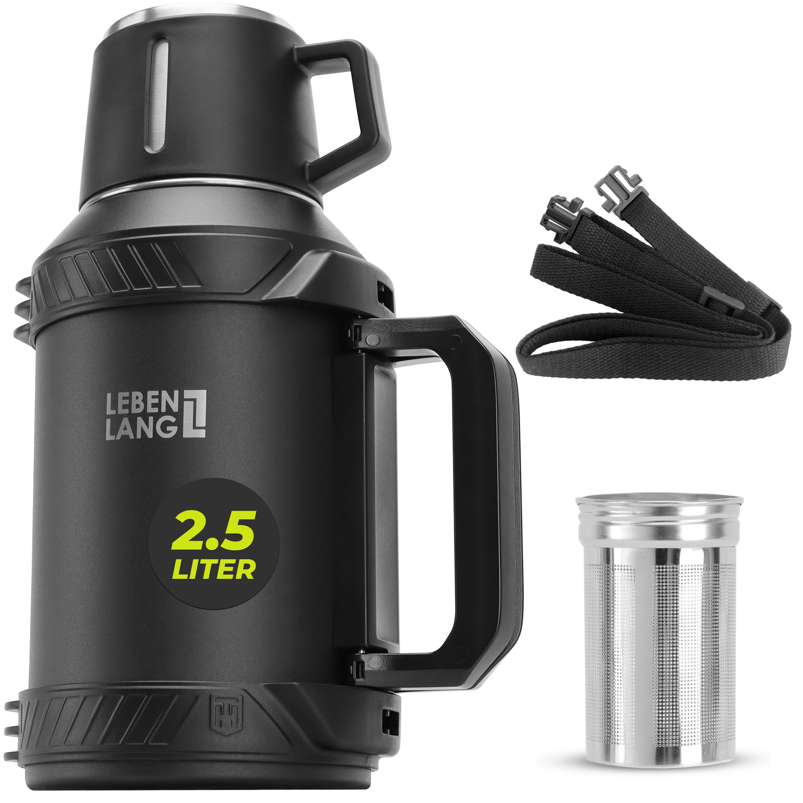 Lebenlang Thermoflasche Isolierflasche 2,5 Liter - 24h Heiß & Kalt - Inkl. Becher & Teesieb, Auslaufsicher - Große Einfüllöffnung - BPA-frei