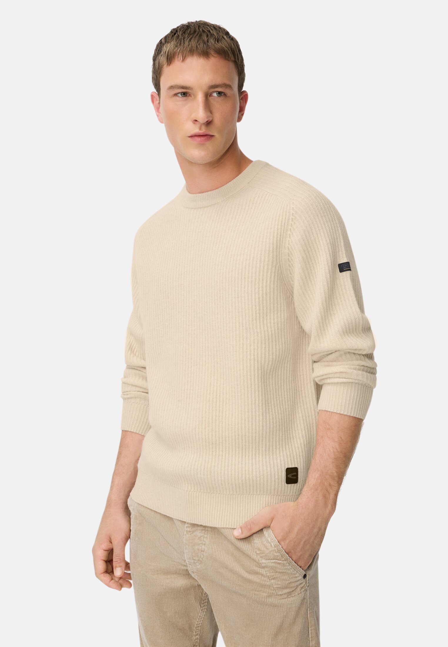 camel active Strickpullover aus reiner Lammwolle Langarm Kapuze Markenlabel günstig online kaufen
