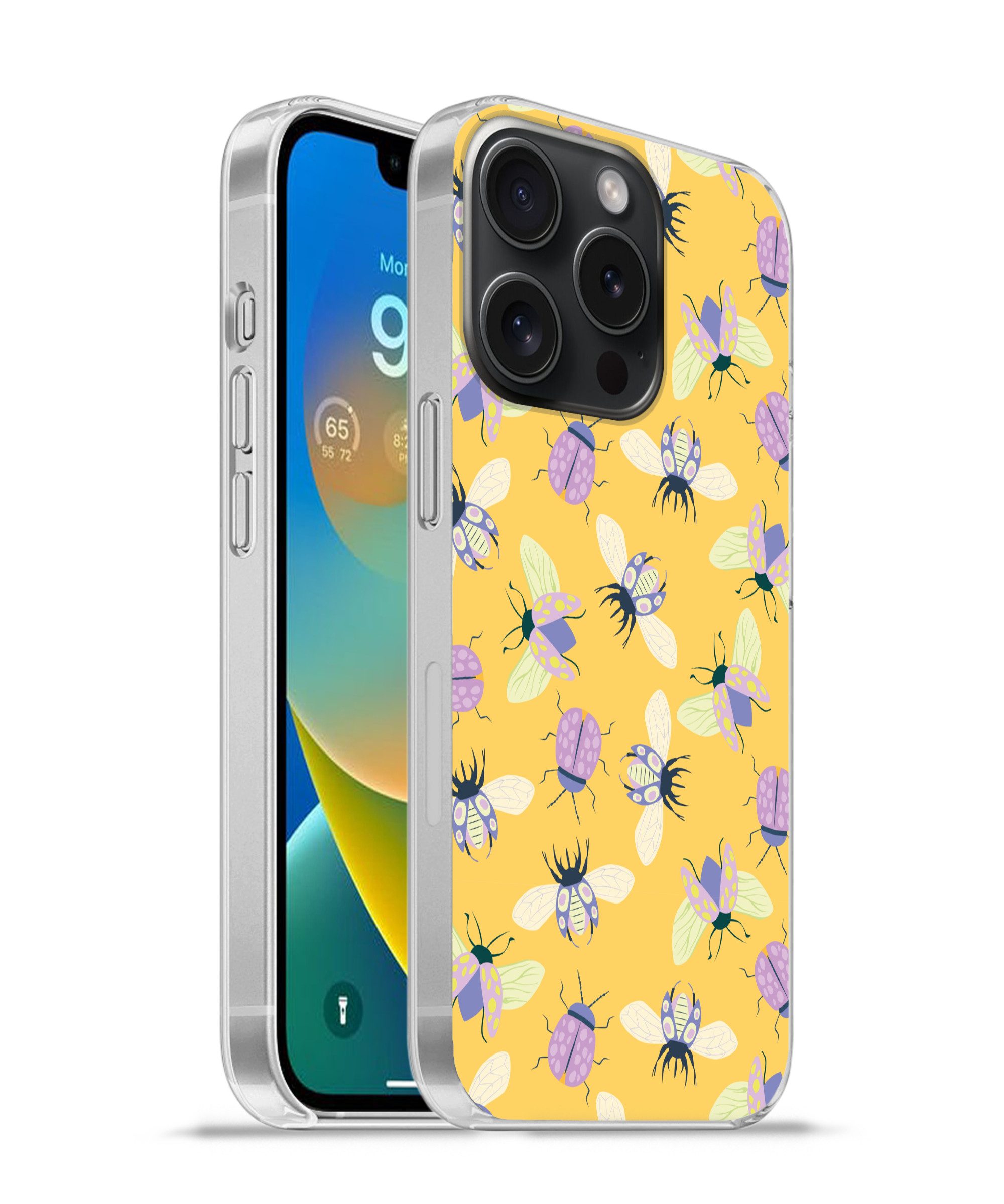 MuchoWow Handyhülle für Apple iPhone 15 Pro Insekten - Muster - Gelb - Lila - Farbenfroh, Smartphone-Bumper, Print, Handy Schutzhülle Dünn