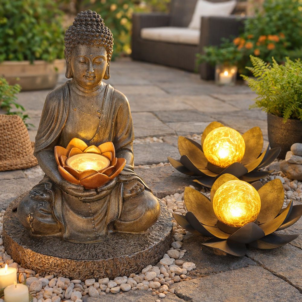 GLOBO LIGHTING Gartenleuchte, LED-Leuchtmittel fest verbaut, Warmweiß, 3er Set LED Solar Lotusblüten Feng Shui Buddha Garten Deko Lampen