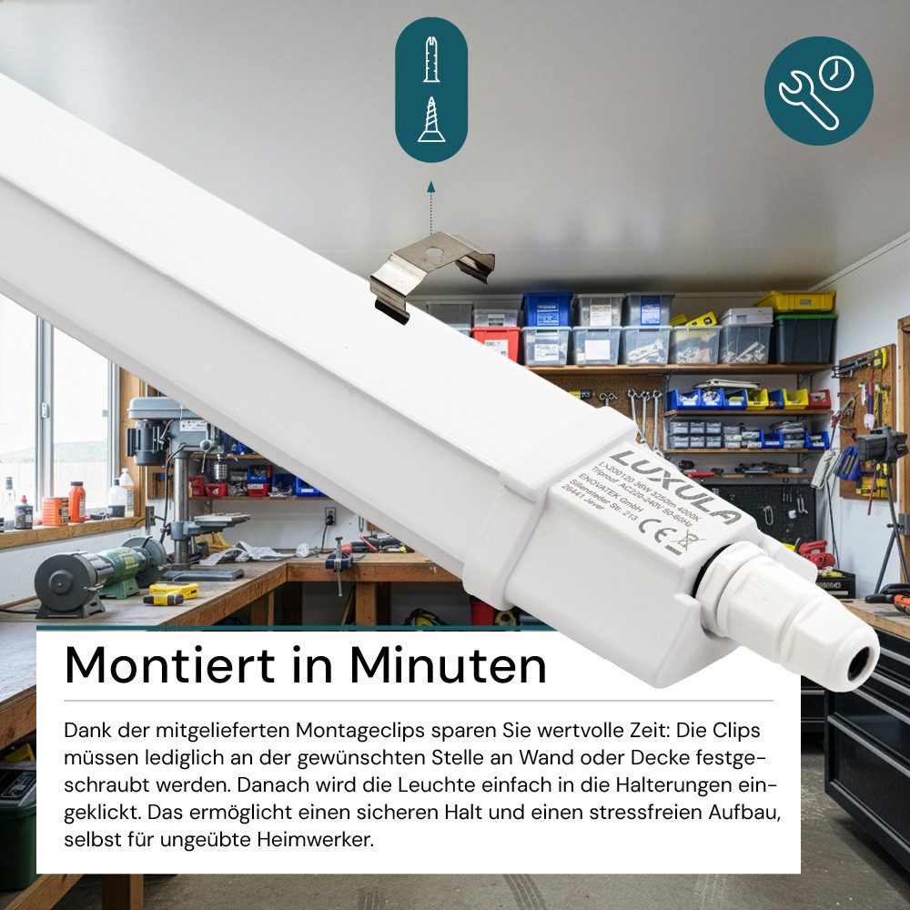 LUXULA LED Unterbauleuchte LUXULA LED Feuchtraumleuchte 120 cm 36 W 4000 K Neutralweiß Weiß, LED fest integriert, neutralweiß – Bild 4 von 5