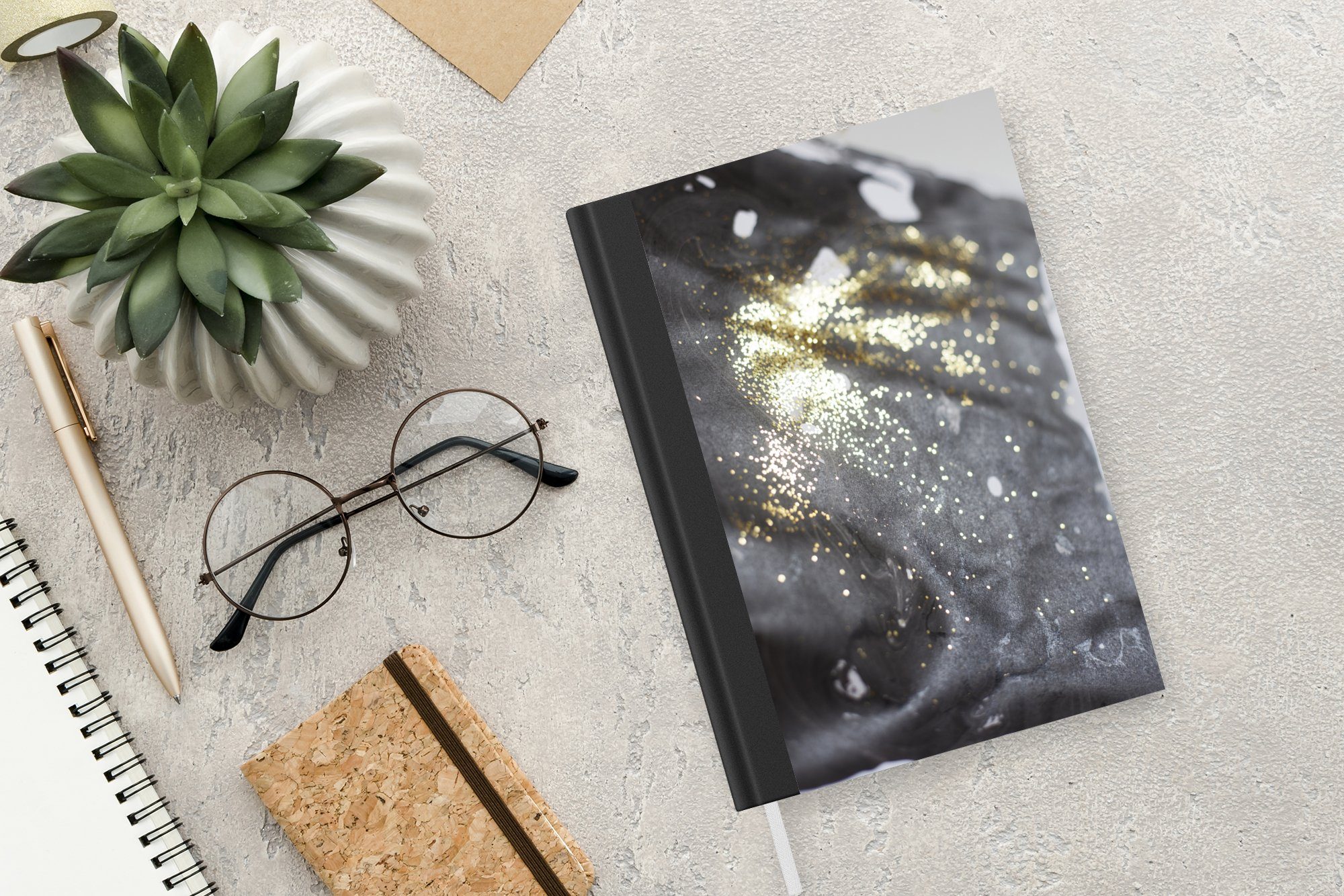 Seiten, Journal, 98 A5, Notizbuch Glitter, - Gold Merkzettel, Notizheft, - MuchoWow Marmor Tagebuch, - Schwarz Haushaltsbuch