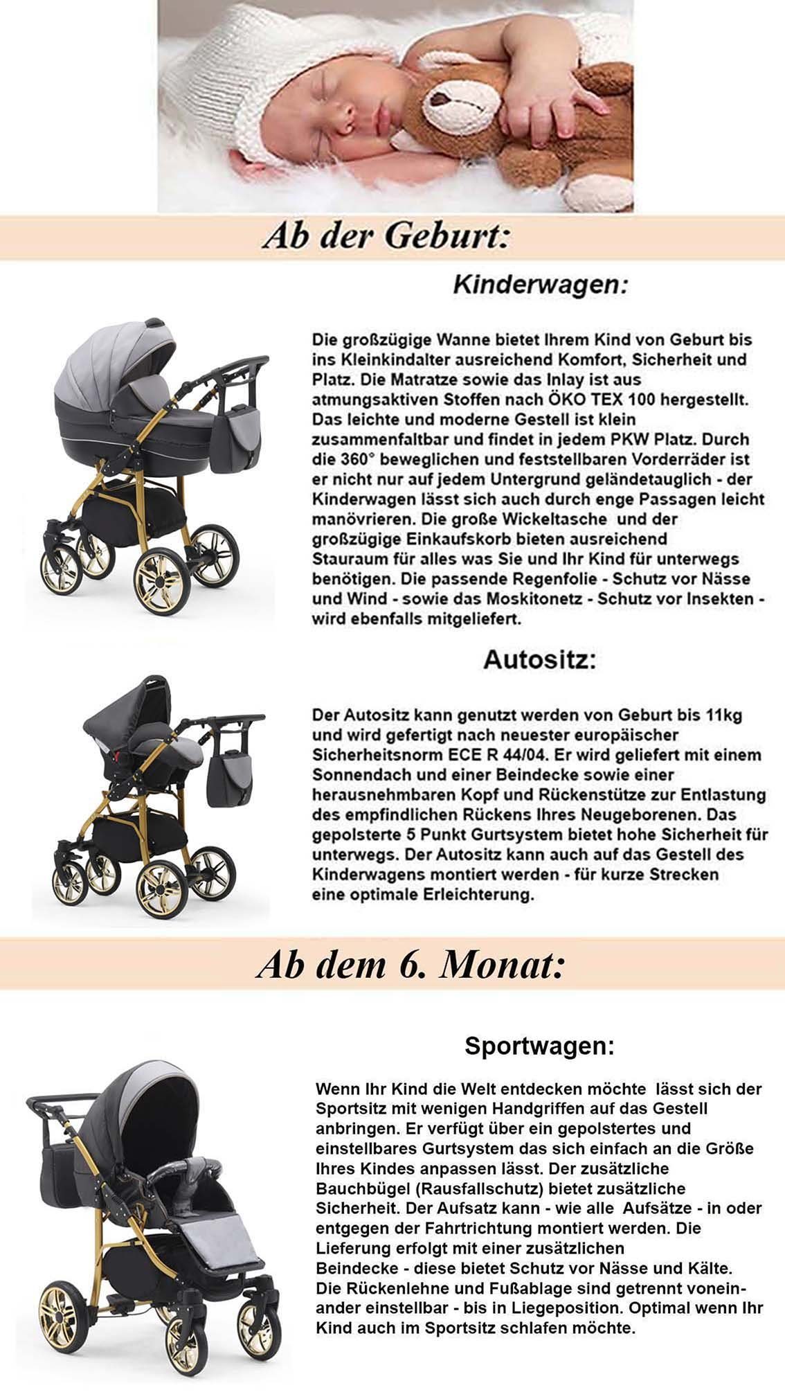 babies-on-wheels Kombi-Kinderwagen 2 in Gold Farben Kinderwagen-Set 13 in Cosmo - Teile 46 1 Hellgrau-Schwarz 