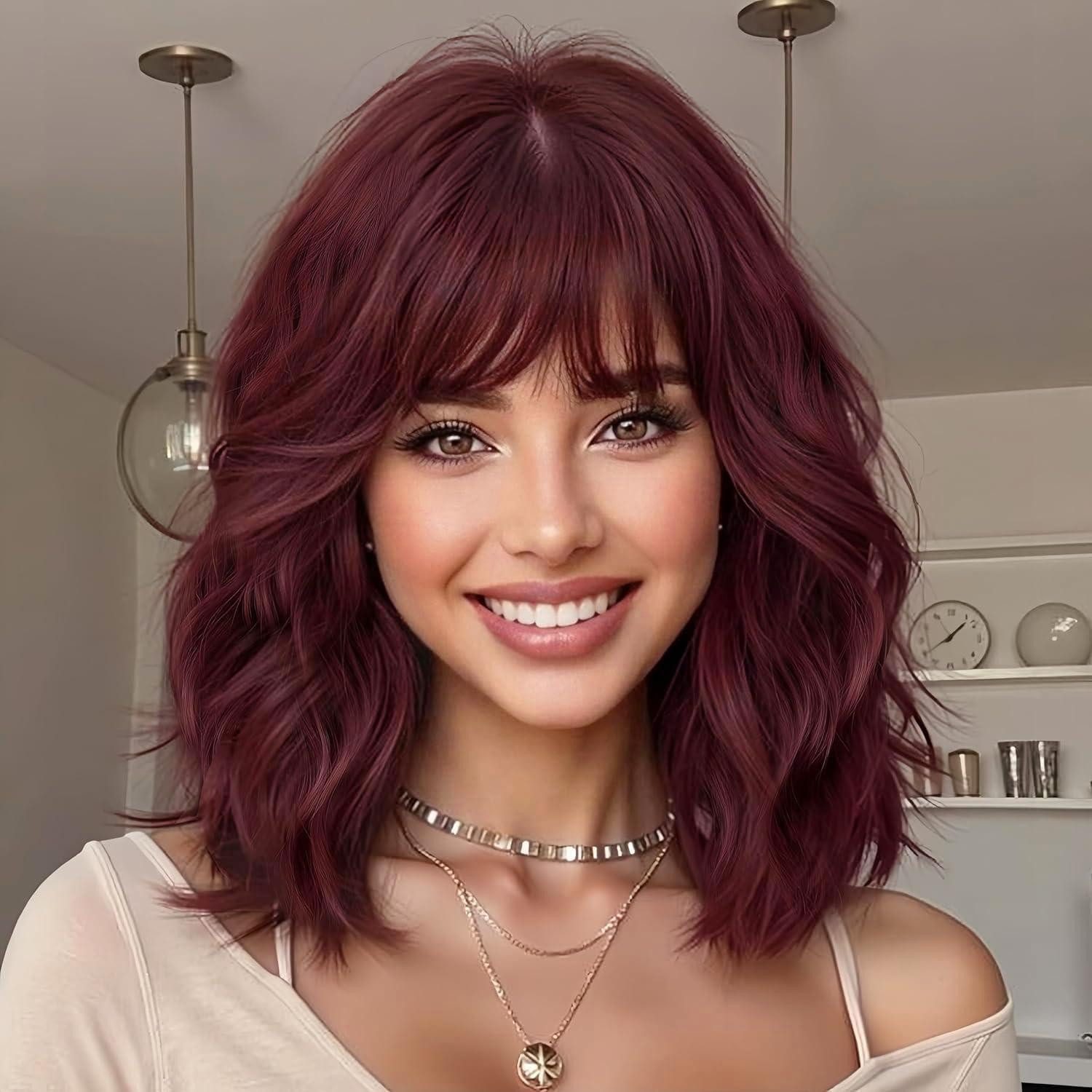 LuxusKollektion Kostüm-Perücke Perücke rot Damen kurz Bob Pony Locken Cosplay 14 Zoll weinrot